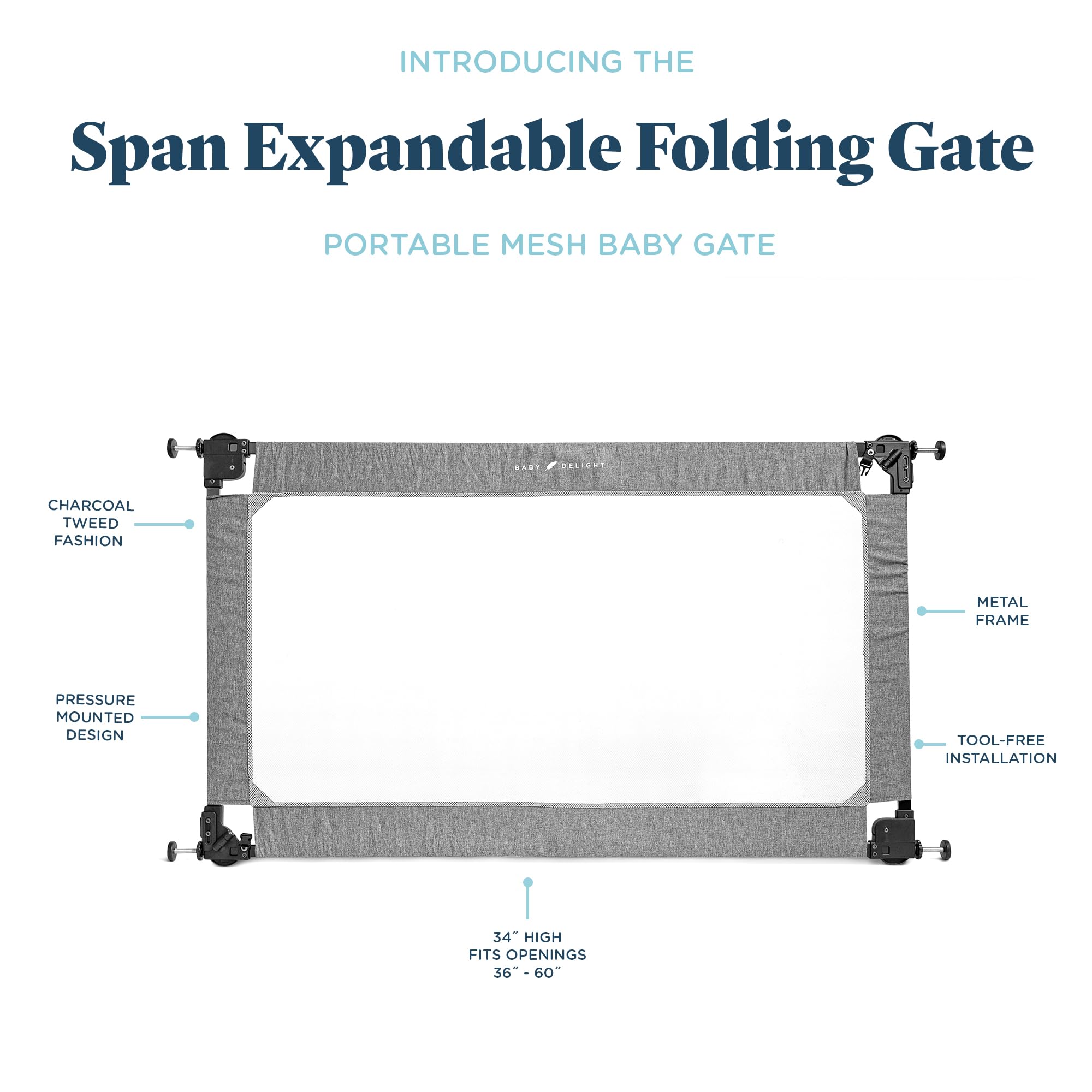 Baby Delight Go with Me Portable Mesh Baby Gate | Span 36-60'' Expandable Folding Gate | Pressure Mounted | Charcoal Tweed