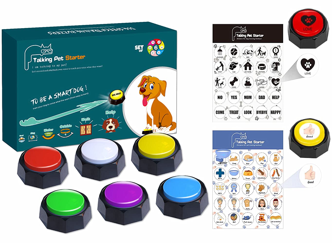 Ribosy Set Of 6 Dog Buttons, Recordable Button, Dog Training Buzzer With 50 Stickers, Record Playback Your Own Message To Teach Your Dogs Voice What They Want