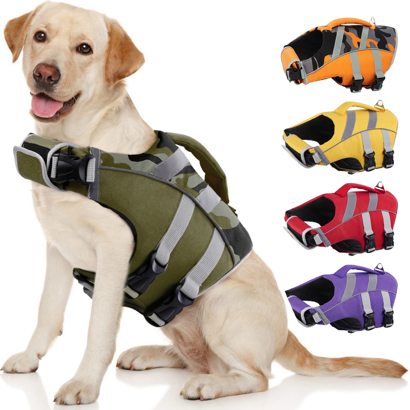 Kuoser Dog Life Jacket With Reflective Stripes, Adjustable High Visibility Dog Life Vest Ripstop Dog Lifesaver Pet Life Preserver With High Flotation Swimsuit For Small Medium And Large Dogs