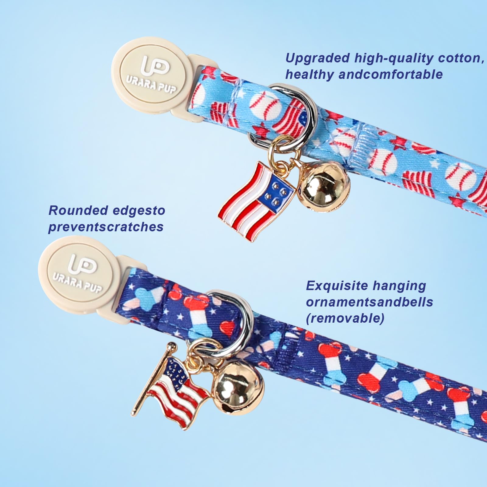 Up Urara Pup 4Th 0F July Cat Collar,2Pack Patriotic Day Kitten Collars Cute Flag Breakaway Kitty Collars,Summer Baseball Blue Ca