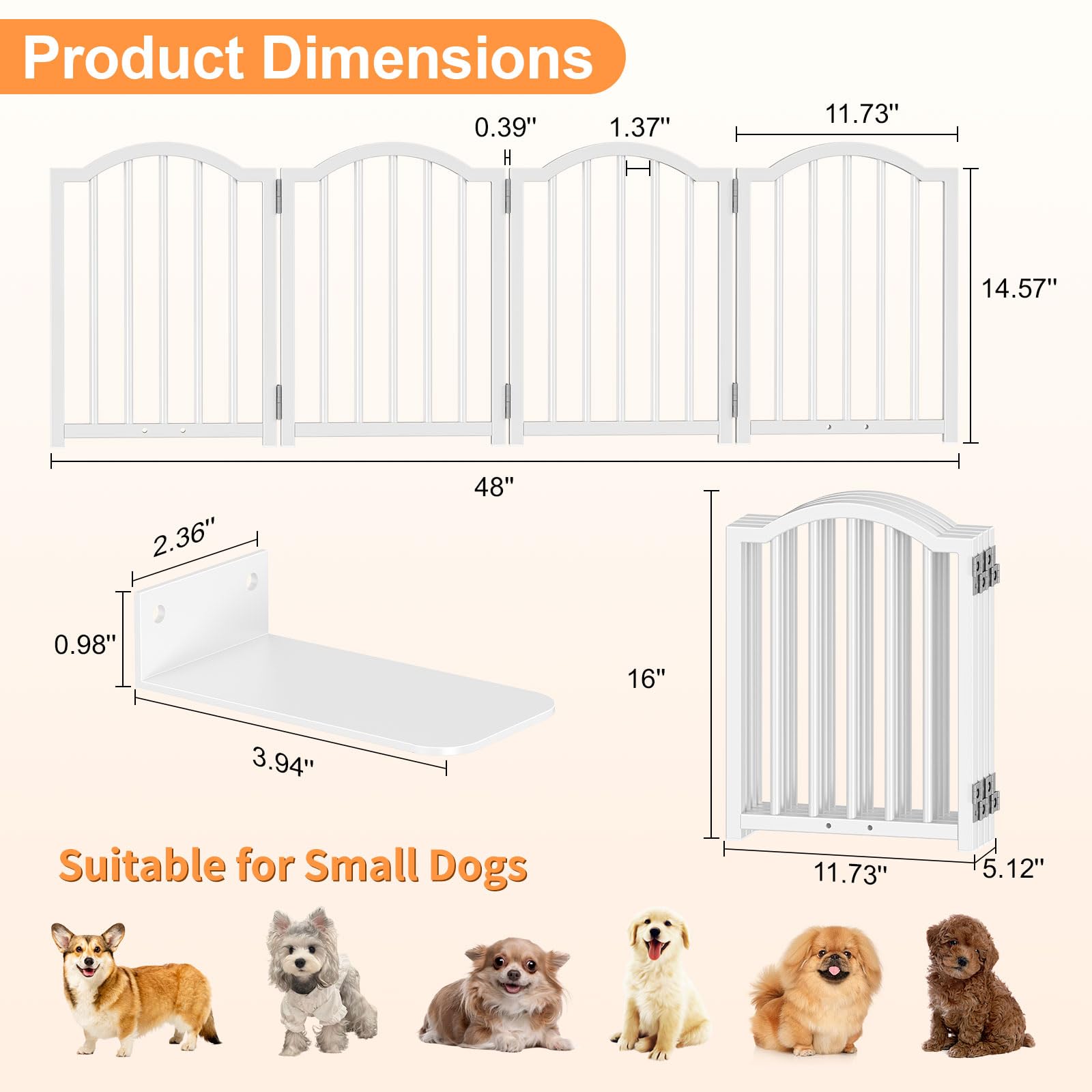 Snughome Freestanding Dog Gate - 16" High, 4 Panel, Expands to 48", Metal, White, Model 0811PSDD