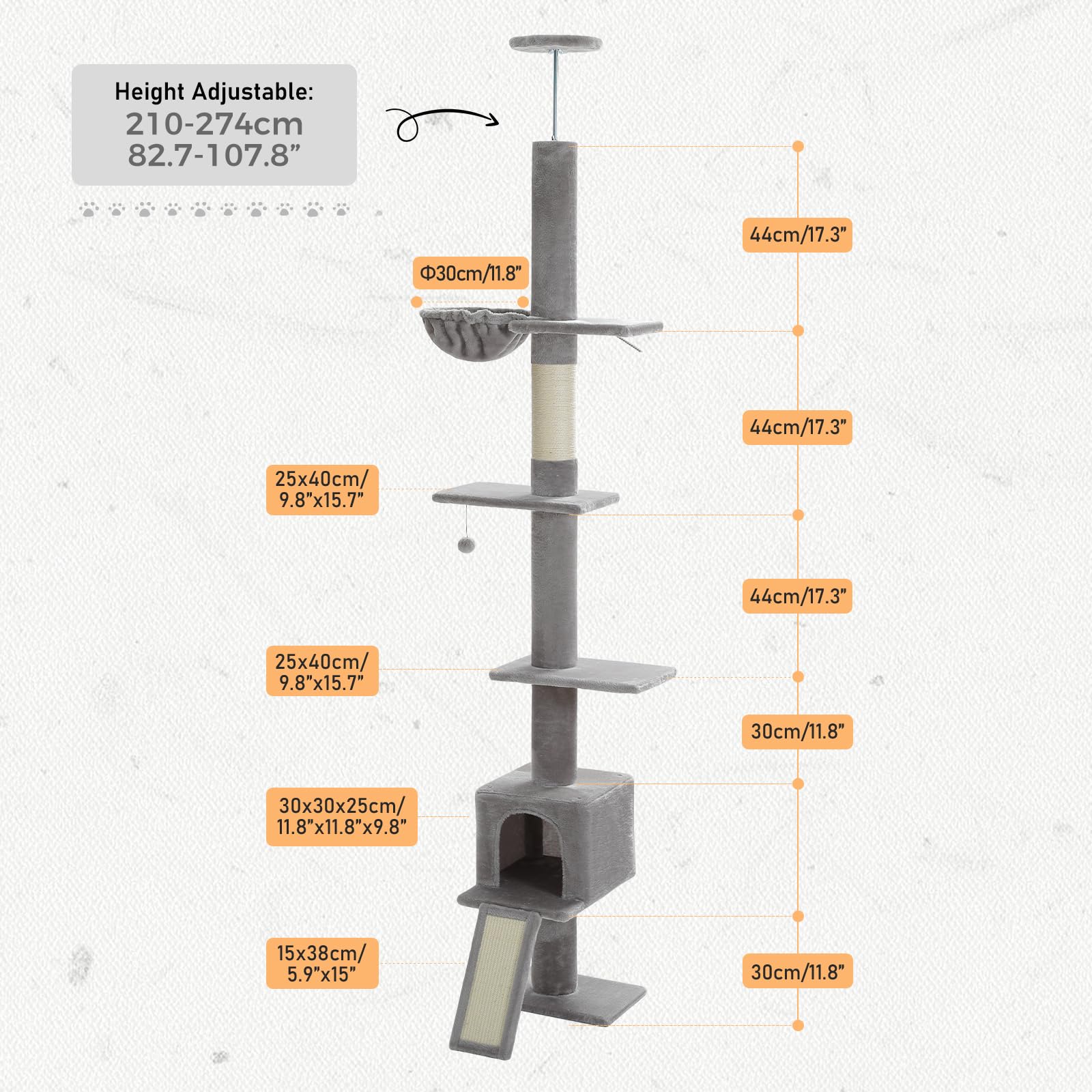 Petepela Floor To Ceiling Cat Tree, Cat Tower 5 Tiers Tall (83-108 Inches) Adjustable Height, Cats Climbing Tree Featuring With