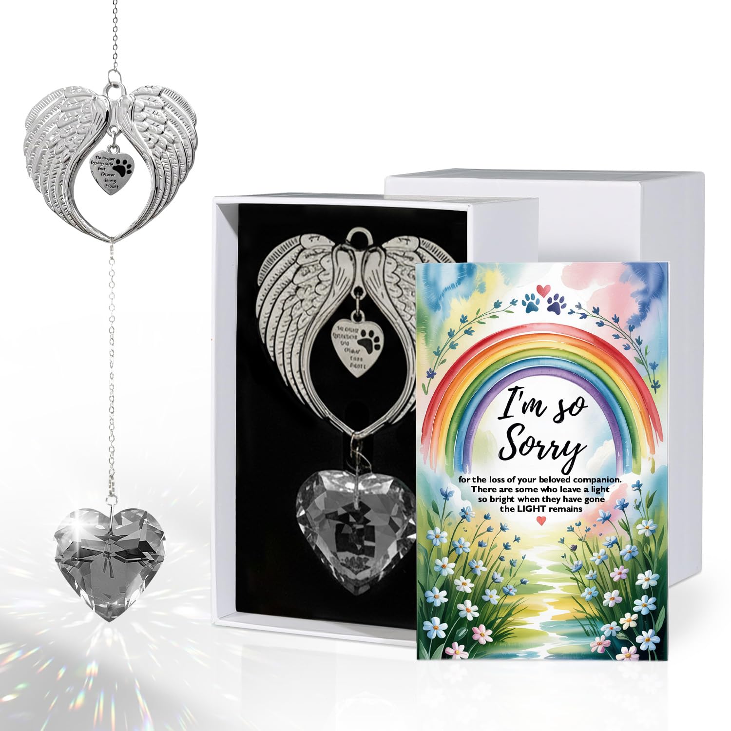 Memorial Sympathy Gift Box for Dog Loss - Pet Memorial Clear Crystal Heart Grief Suncatcher for Loved One, Thoughtful Dogs Remem