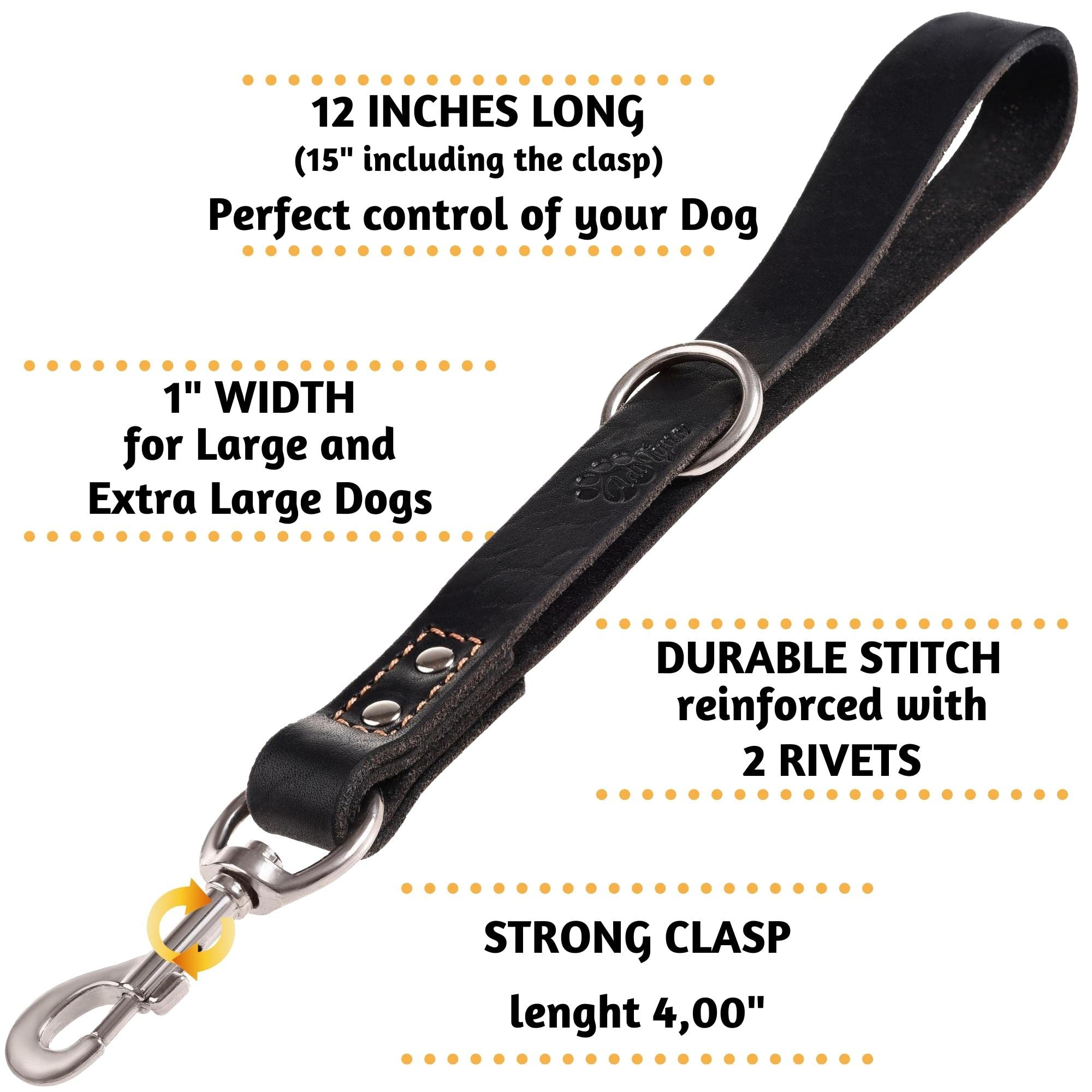 Adityna Short Leather Dog Leash 12' Length X 1' Wide - Traffic Dog Leash For Medium, Large And Extra-Large Breeds