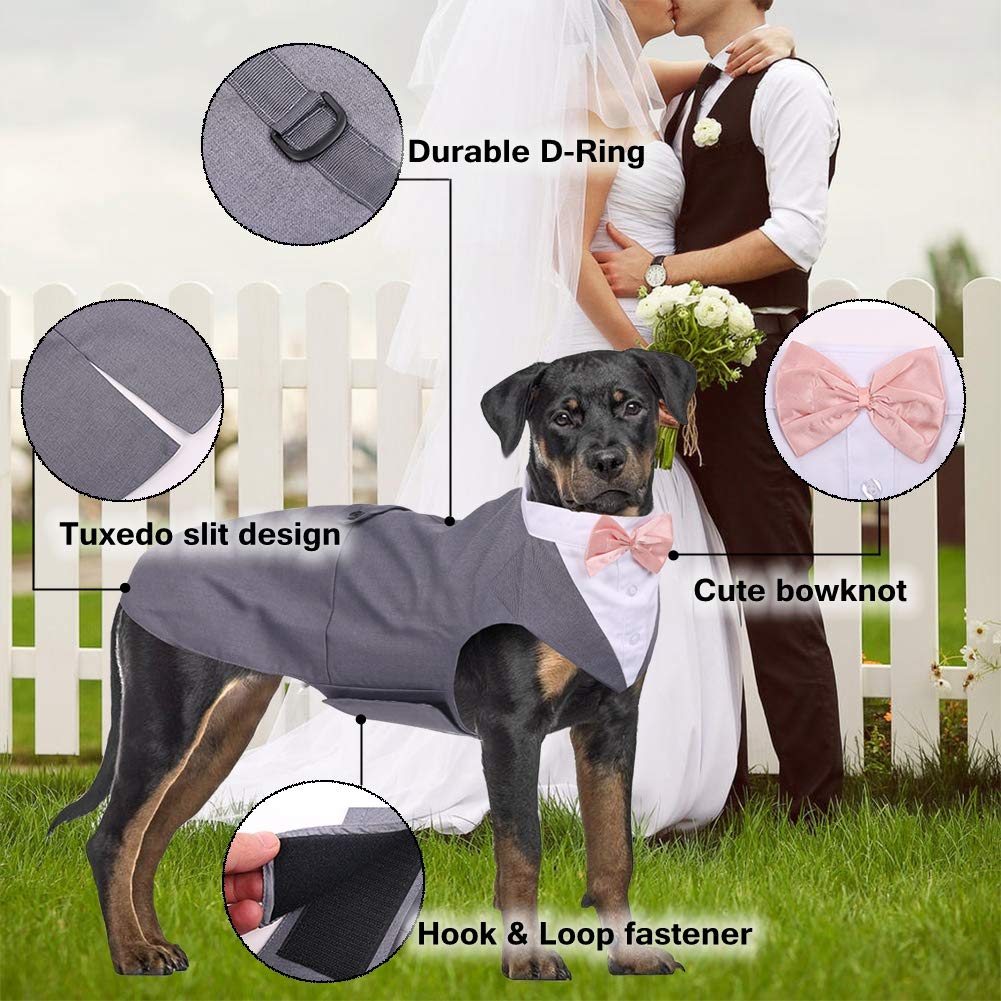 Qbleev Dog Tuxedo For Large Dogs, Dog Suit And Bandana Set, Dog Wedding Outfit With Bow Tie, Formal Dog Tux Dog Costume Halloween Dog Christmas Outfit For Birthday Party Cosplay, Grey 2Xl