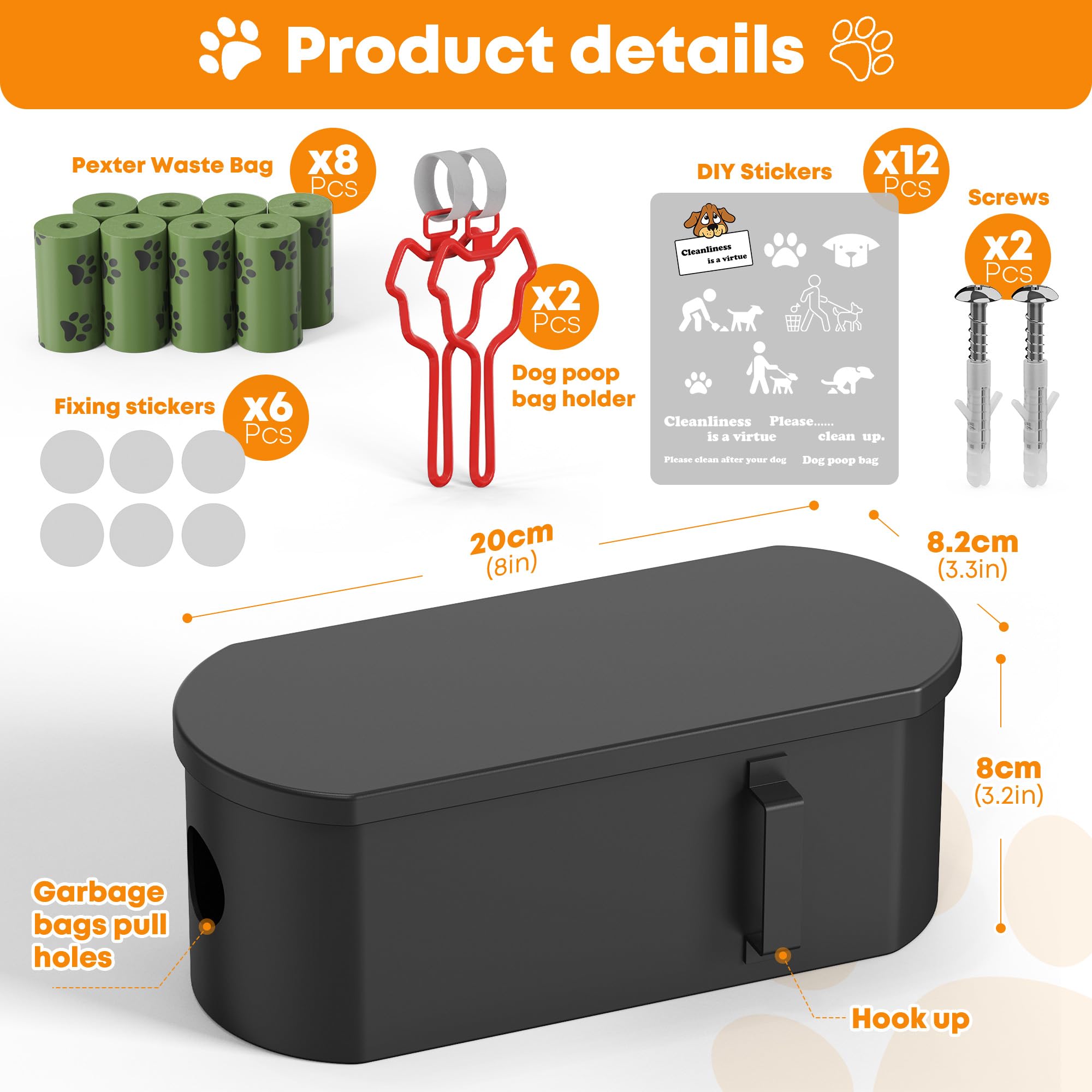 Dog Poop Bag Dispenser Wall Mount With 2Pcs Holders And 8 Rolls Of Waste Bag,Magnetic Door Closure,Metal, Corrosion-Resistant,Hi