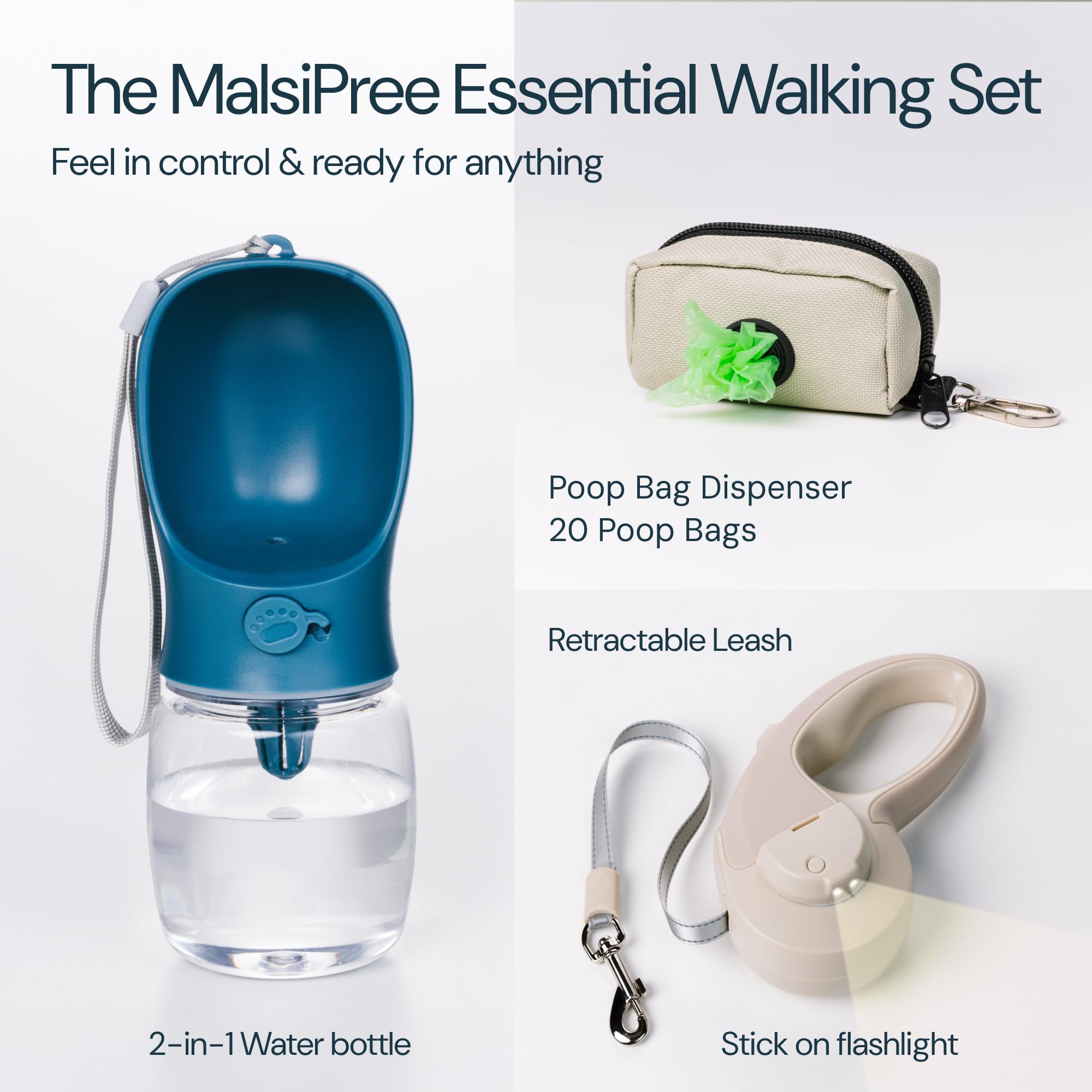 Malsipree Walking Set With Retractable Dog Leash, Poop Bag Holder, Leak Proof 12 Oz Dog Water Bottle, Flashlight & 20 Poop Bags