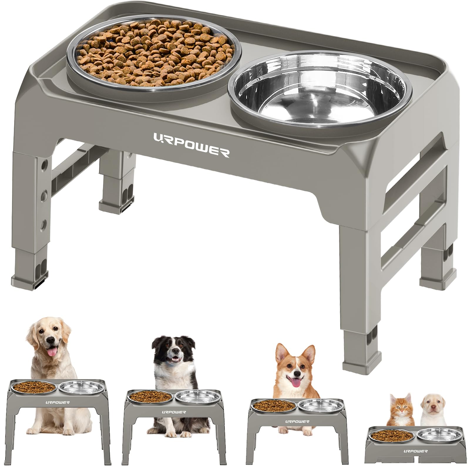 URPOWER 4 Height Adjustable Elevated Dog Bowls - 50oz Large Capacity Stainless Steel Bowls, No-Spill Edge, Non-Slip Stand for Sm