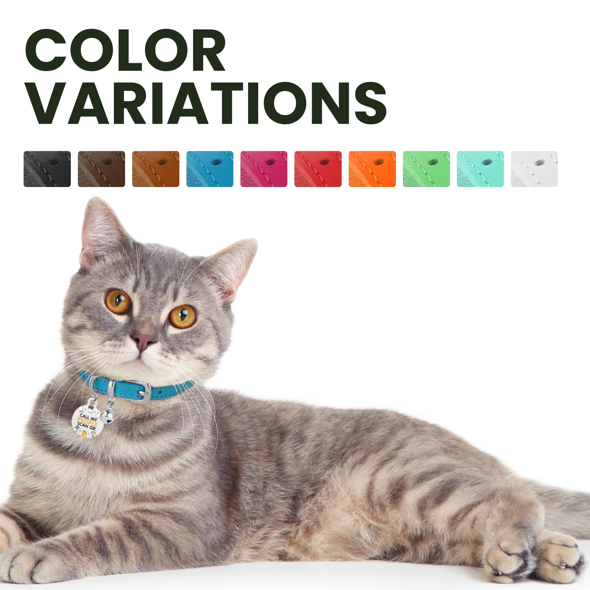 Bronzedog Leather Cat Collar With Removable Bells Non Breakaway Kitten Qr Tag For Girl Boy (7' - 9' For Cats, Blue & Silver)
