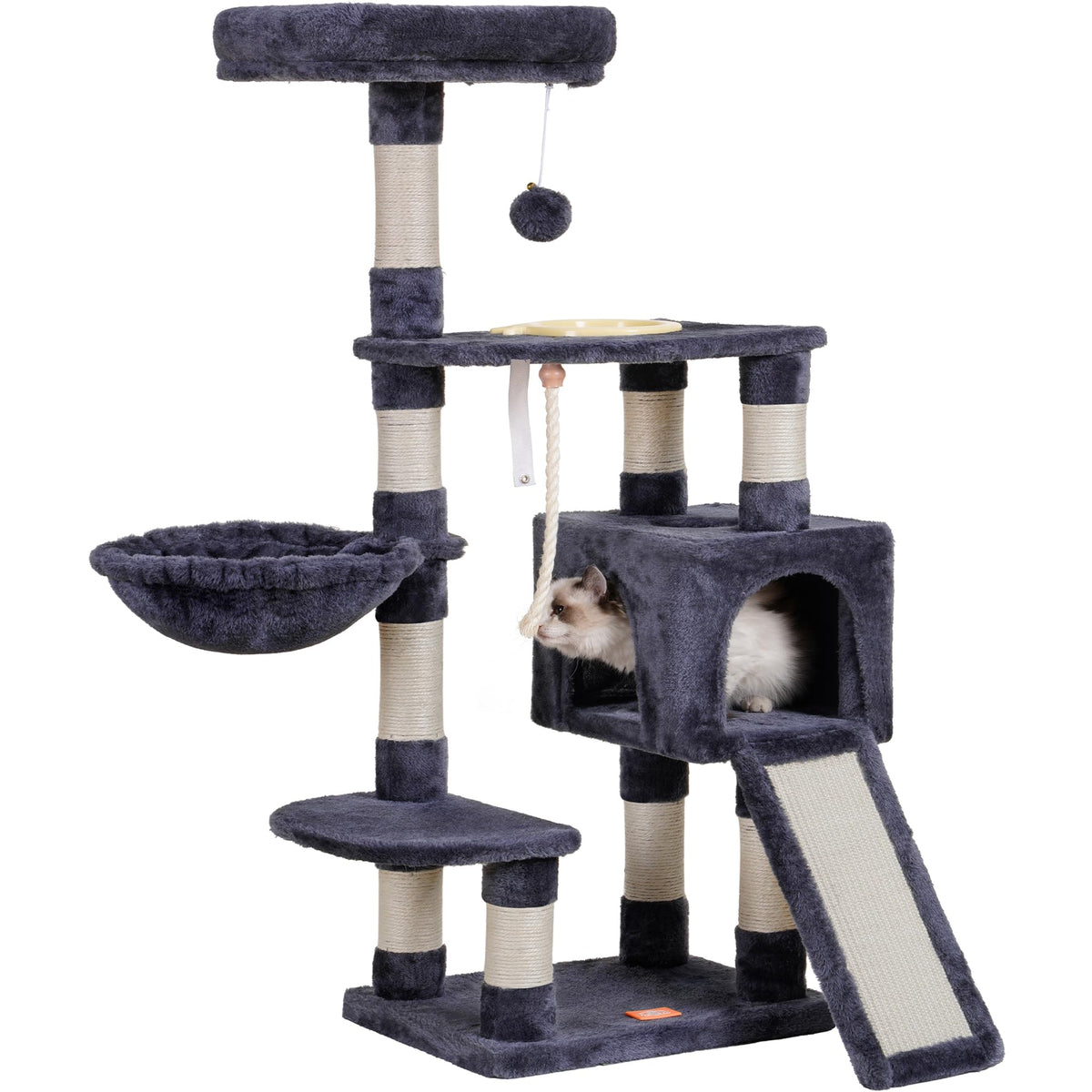 Heybly Cat Tree, Cat Tower For Indoor Cats With Scratching Board, Multi-Level Cat Furniture Condo With Feeding Bowl Smoky Gray H
