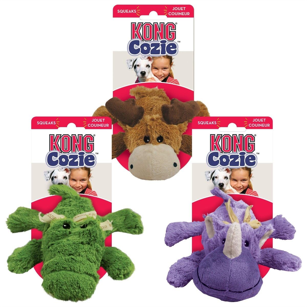 KONG Cozie Bundle Variety Pack - Cozie Marvin The Moose Plush Dog Toy, Ali The Alligator & Rosie The Rhino - Medium Size Plush D