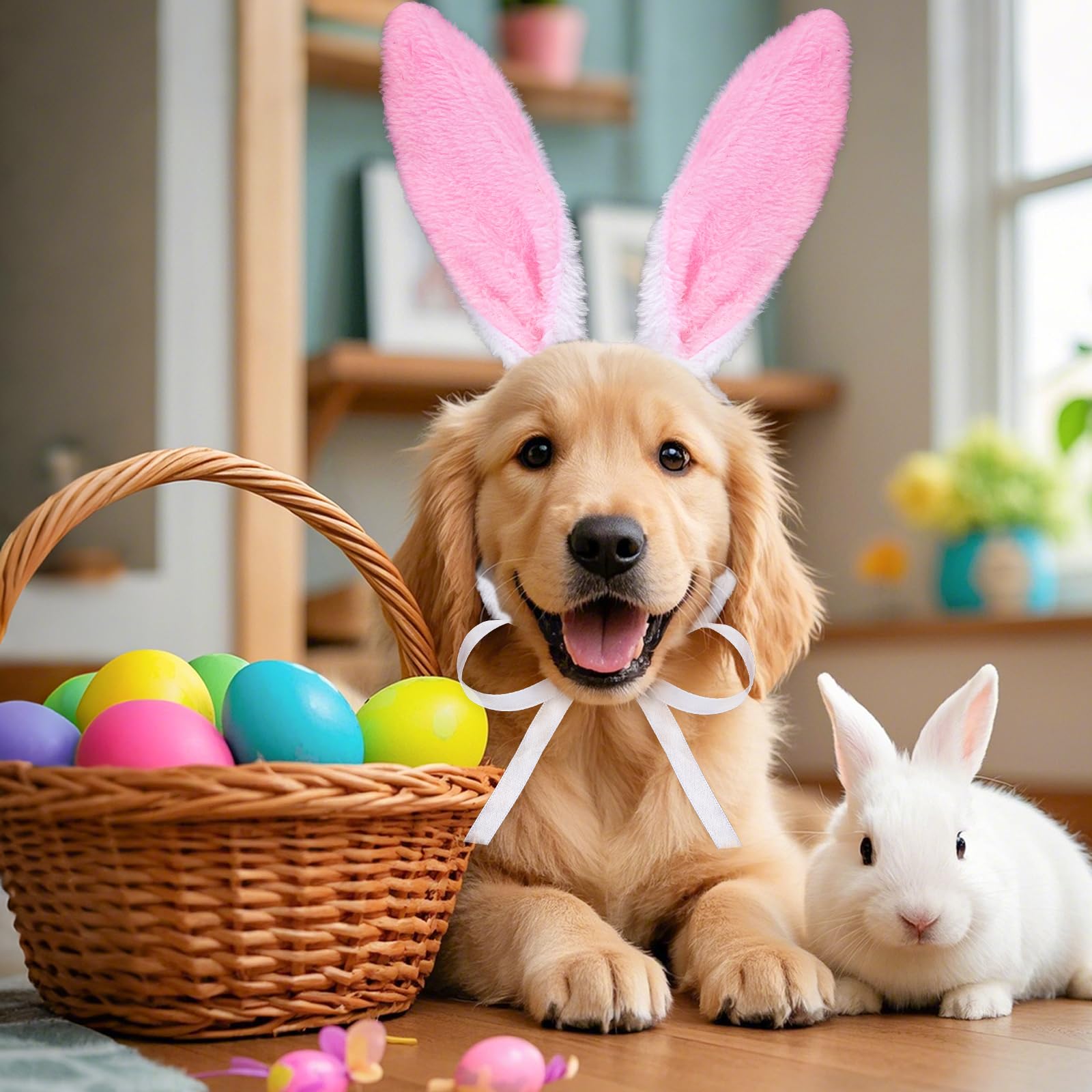 Sumersha 3Pcs Easter Dog Bunny Costume Set Pet Plush Rabbit Ears Headband Tail Bow Tie Collar For Small Medium Dogs Cats