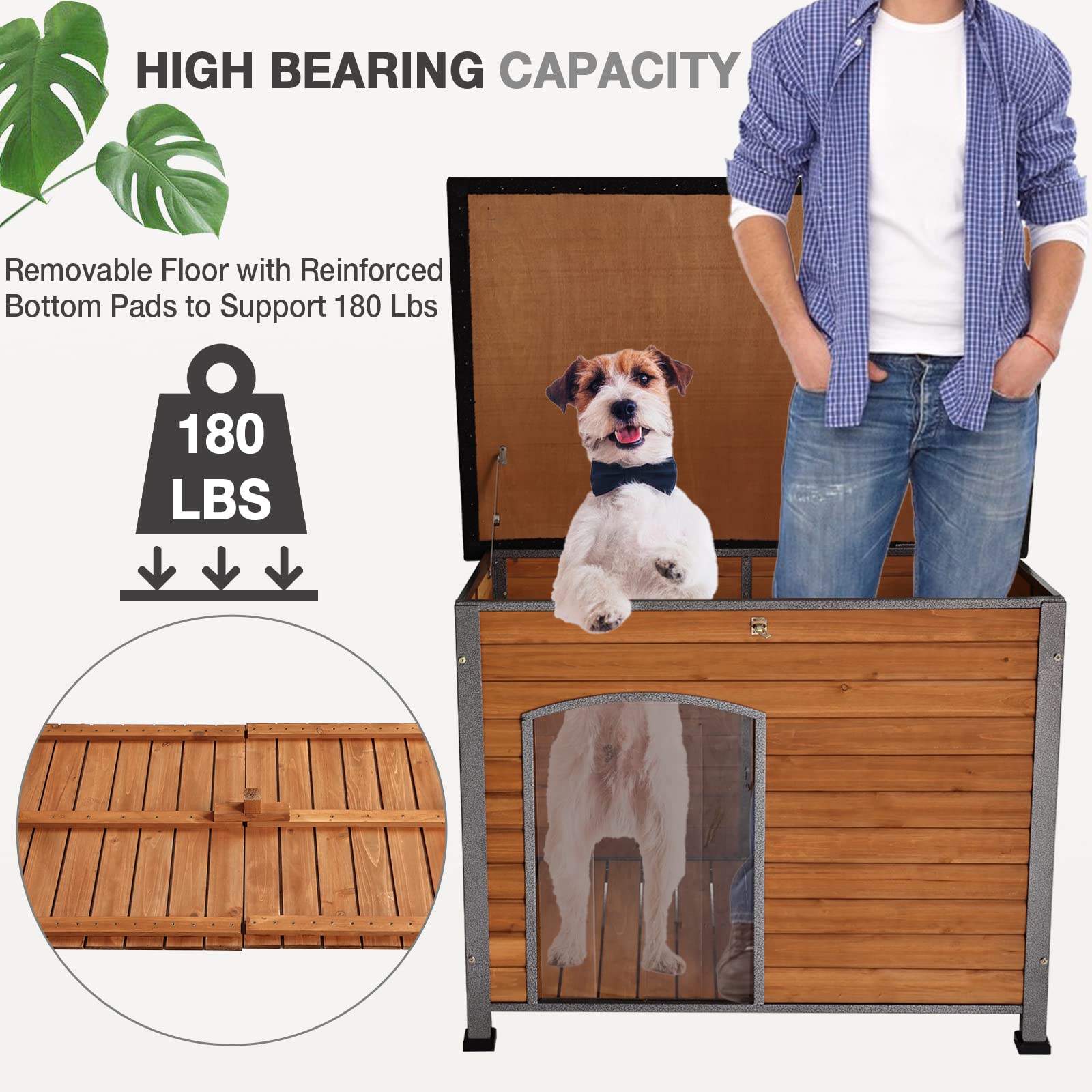 Dog House Outdoor Insulated Dog House For Small Medium Large Dogs, Natural Wood With Iron Frame, Waterproof Roof Raised Feet