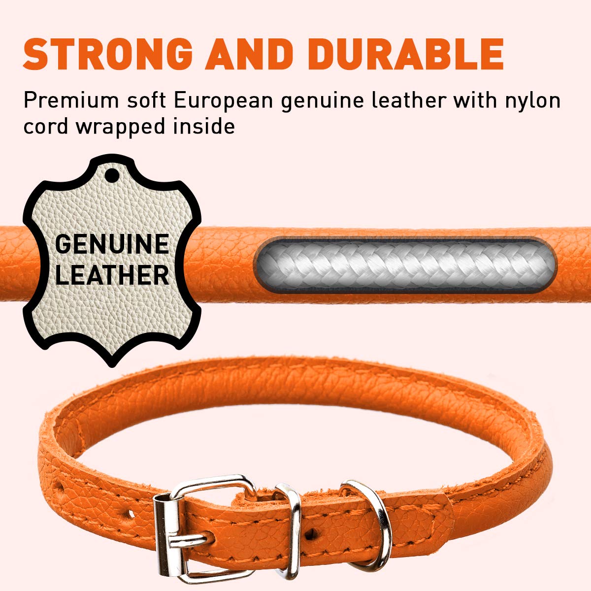 Dogline Rolled Leather Dog Collar - For Small, Medium And Large Breeds - Soft And Padded Round Luxury Design W1/4'' - L8-10, Ora