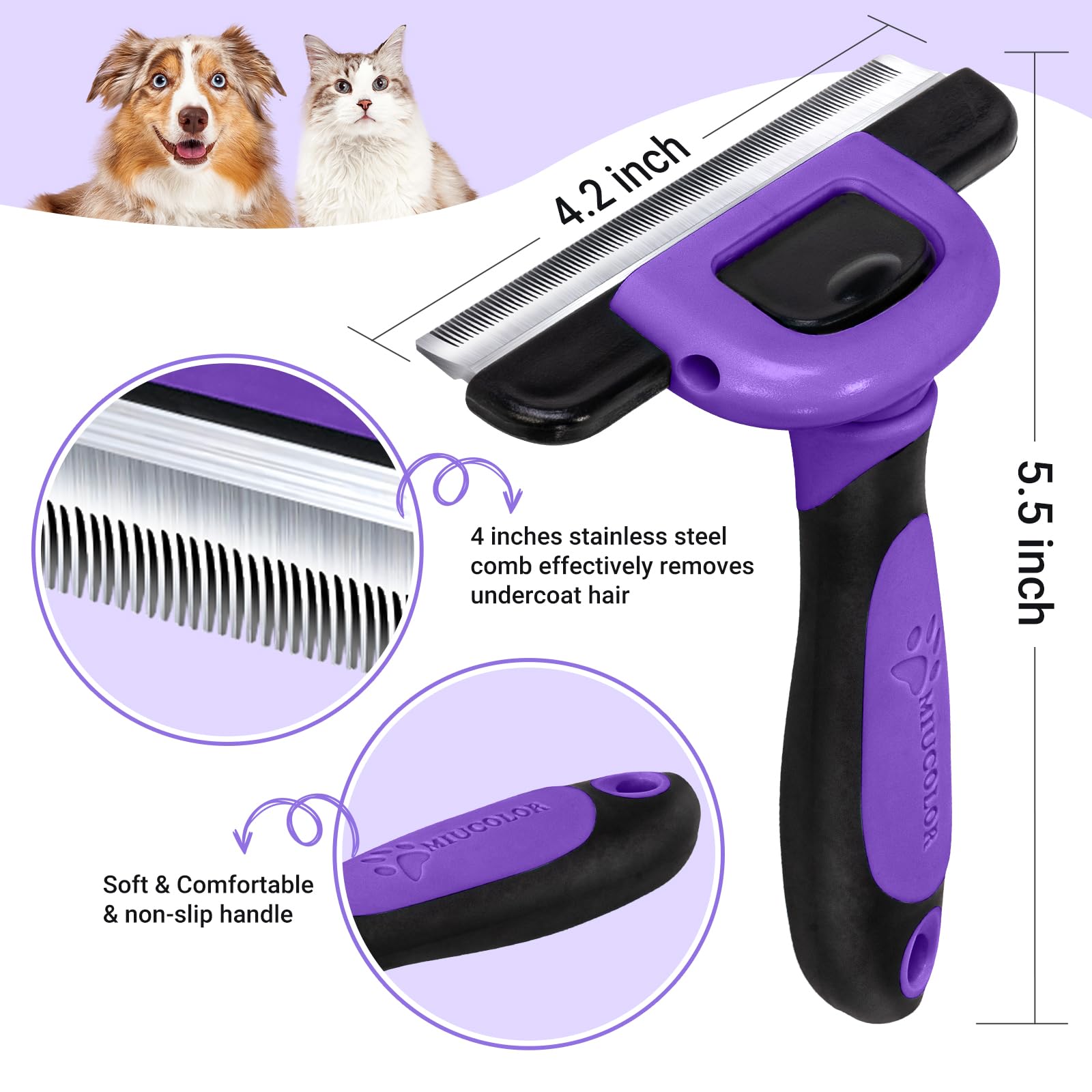 Miu Color Pet Grooming Brush, Deshedding Tool For Dogs & Cats, Effectively Reduces Shedding By Up To 95% For Short Medium And Long Pet Hair, Purple