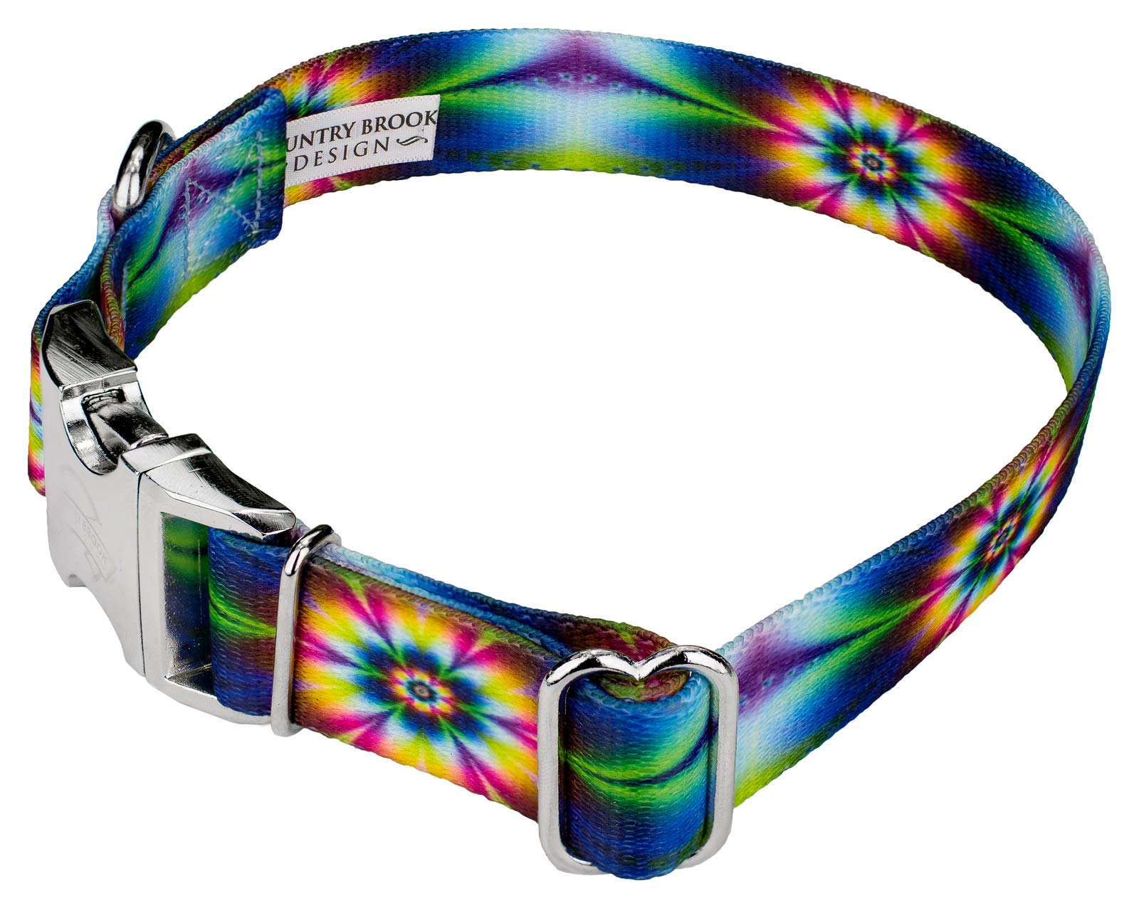 Country Brook Petz - Tie Dye Flowers Premium Dog Collar And Leash Set - Groovy Collection Featuring Far Out Designs (1 Inch, Med
