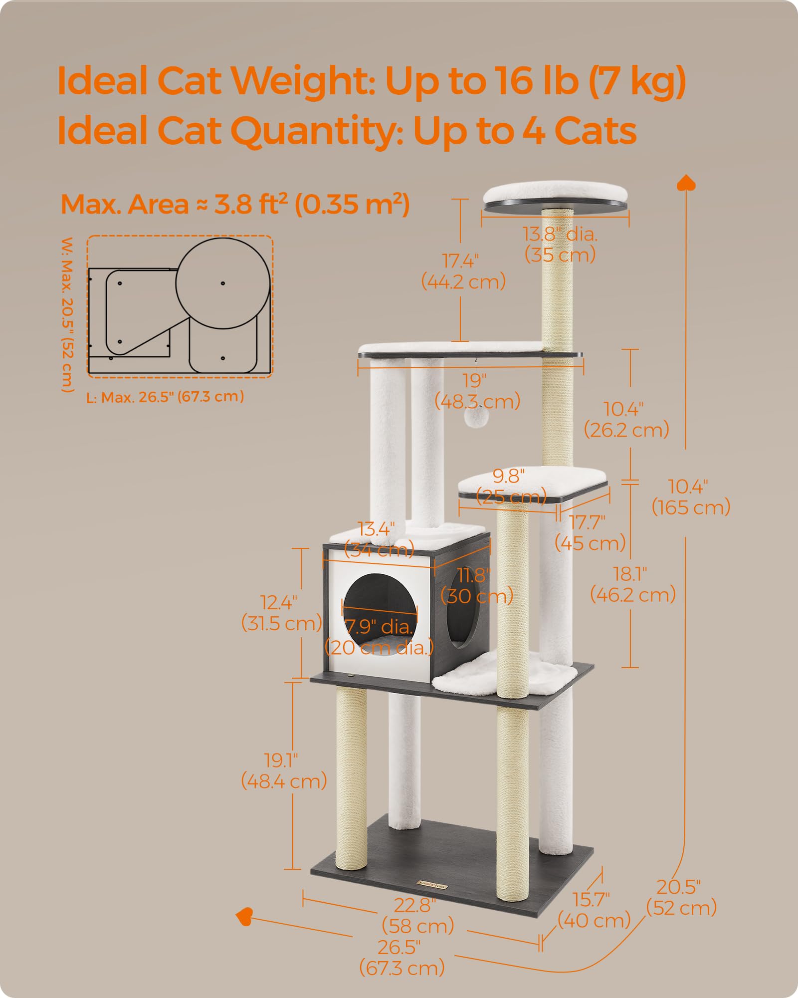 Feandrea WoodyWonders Cat Tree, 65-Inch Modern Cat Tower for Indoor Cats, Multi-Level Cat Condo with 5 Scratching Posts, Perch,