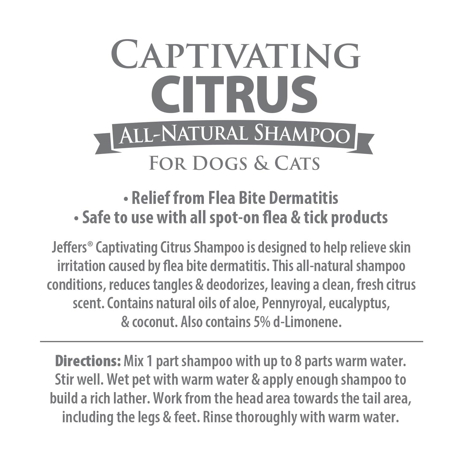 Jeffers Captivating Citrus Pet Shampoo, 17 Oz - Soap Free Grooming For Dogs, Cats & Puppies - Orange & Lime Scent, Aloe & Coconu