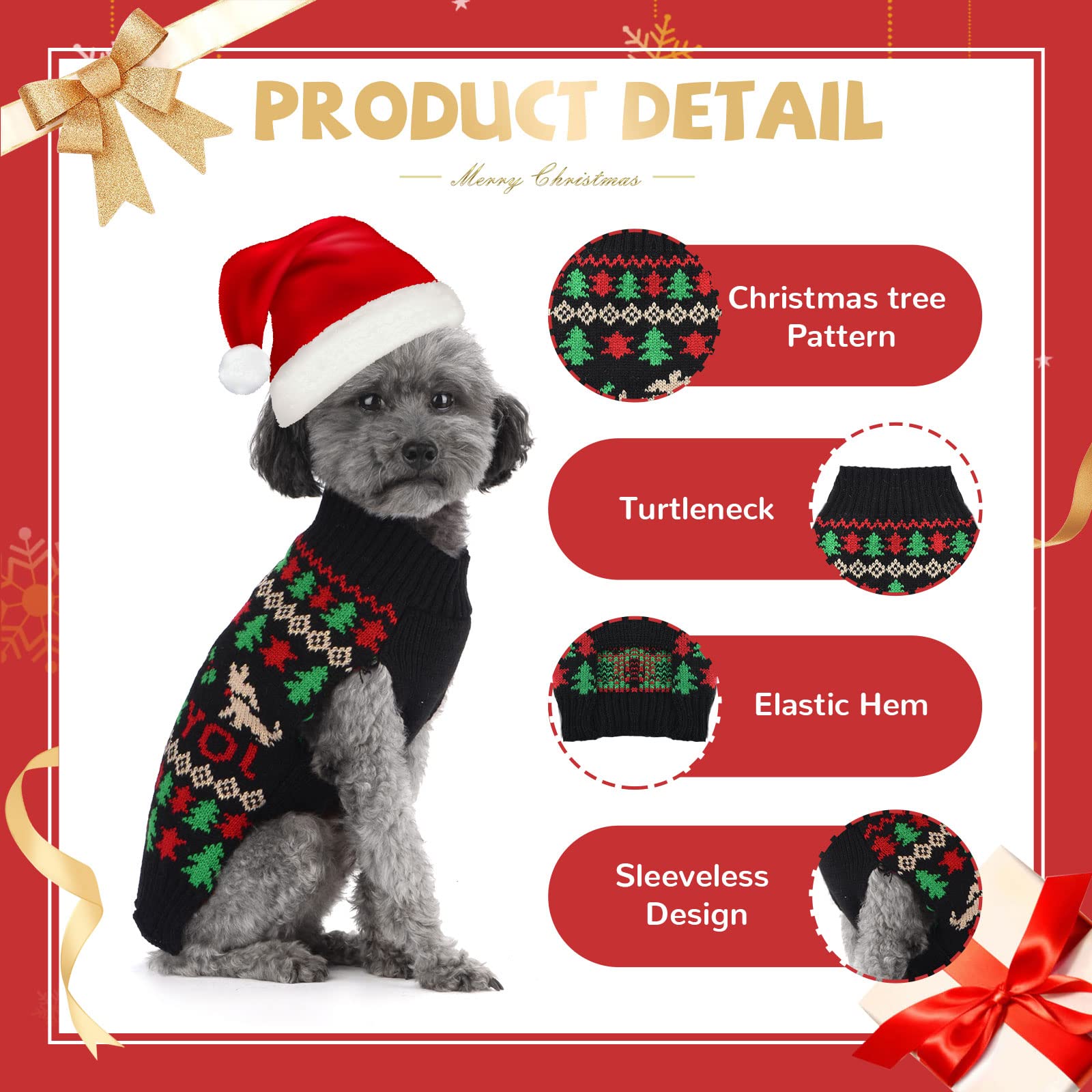 Hrttsy Christmas Dog Sweater Soft Warm Fall Winter Dog Clothes Cute Ugly Xmas Tree Turtleneck Knitwear Pet Costume Sleeveless Pu