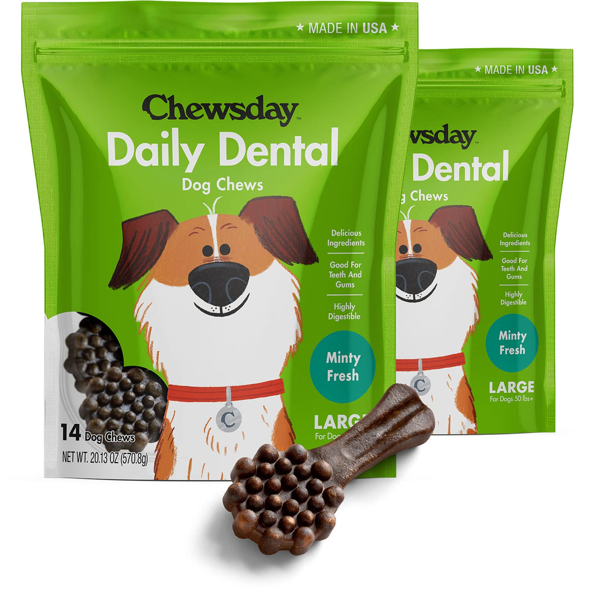 Chewsday Large Minty Fresh Daily Dental Dog Chews, Made In The Usa, Natural Highly-Digestible Oral Health Treats For Healthy Gums And Teeth - 28 Count