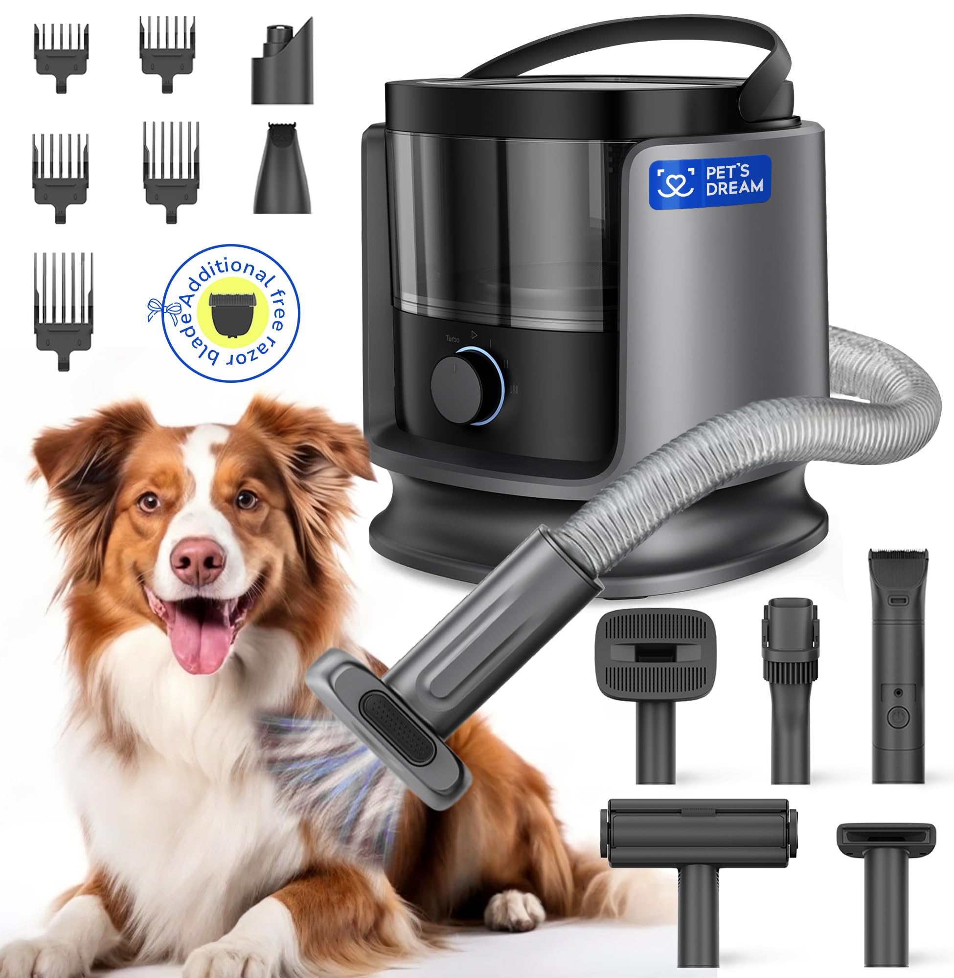 Pet'S Dream Dog Grooming Vacuum Kit, 3.5L Dust Cup, Low Noise, 4 Suction Modes, Hepa Filter, Black, For Dogs