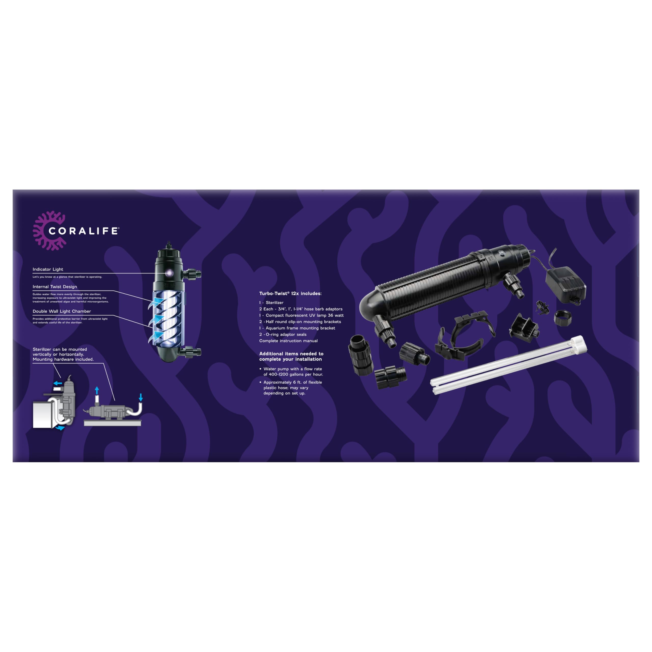 Coralife Aquarium Fish Tank Marine Salt Water Turbo-Twist UV Sterilizer 12X, For up to 500 Gallons