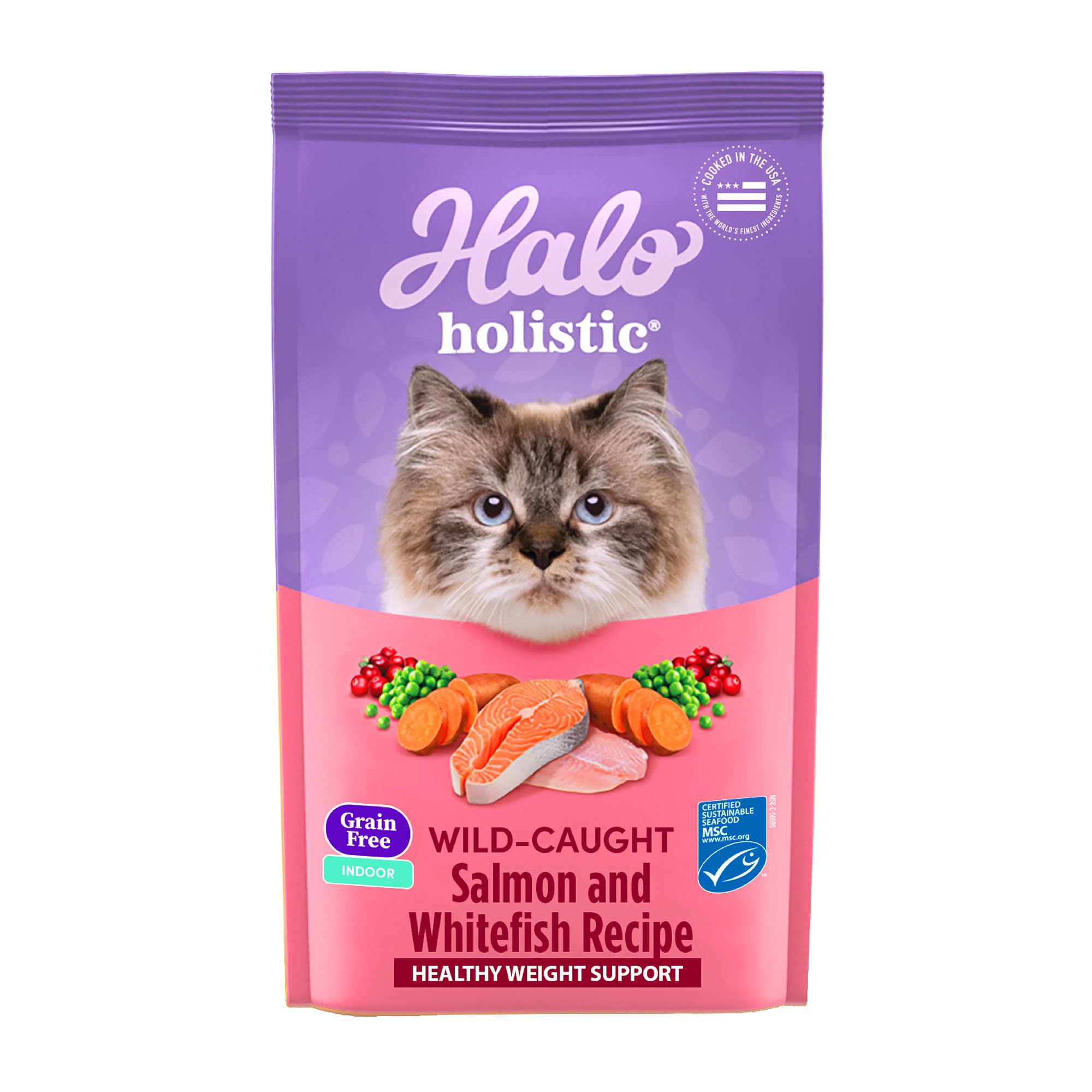 Halo Holistic Indoor Cat Food Dry, Grain Free Wild-caught Salmon & Whitefish Recipe for healthy weight support, Complete Digesti