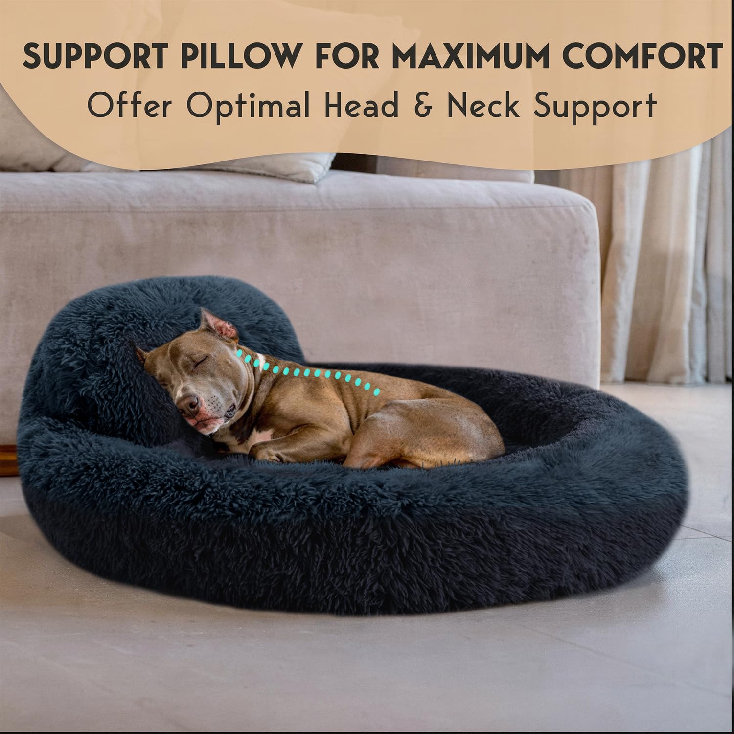 PetJett Calming Dog Beds Large Sized Dog - 36 Round Bed, Anti-Slip & Washable Super Soft Donut Bed, Fluffy Faux Fur Anti-Anxie