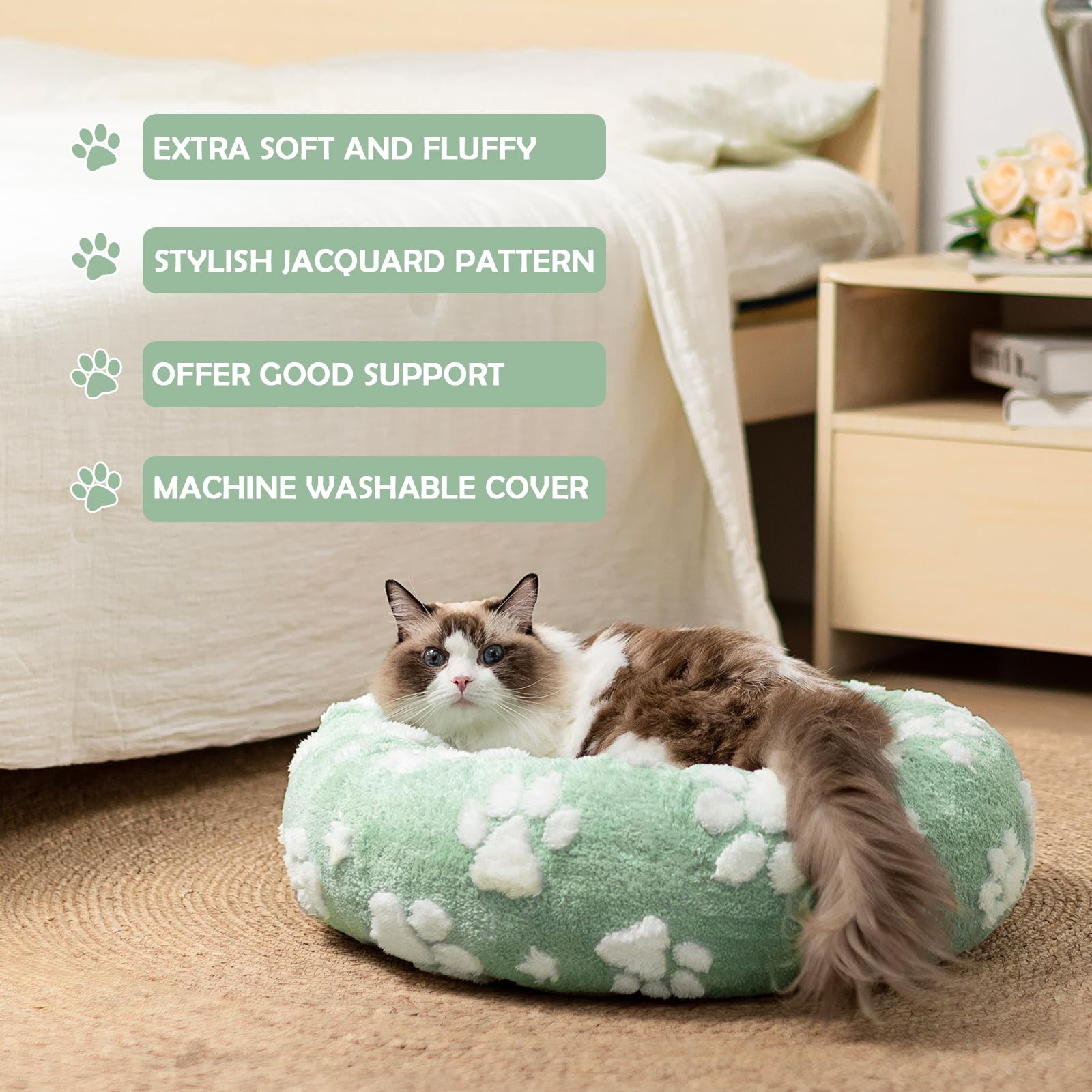 Yaning Donut Dog Beds For Medium Dogs, Calming Round Cat Beds For Indoor Cats, Cute 3D Textured Paw Pet Bed With Removable Washa