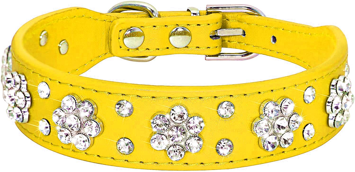 Serijoars Rhinestone Dog Collar - Cute Flower Bling Pu Leather Collar For Cats And Dogs, Adjustable Sizes Xs Small Medium (S, Ye