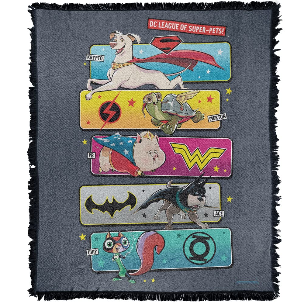 LOGOVISION Dc League of Super Pets Blanket, 50x60 Pet Panels Woven Tapestry Cotton Blend Fringed Throw Blanket