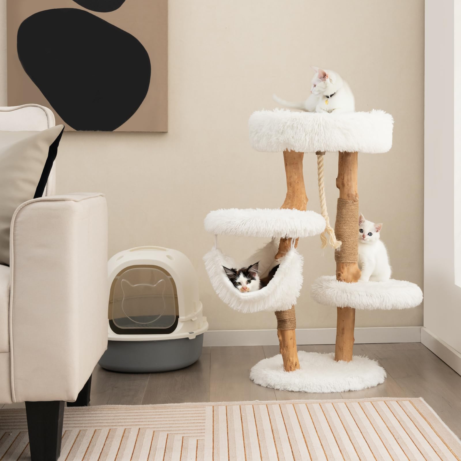 Tangkula Cat Tree Tower, Solid Wood Modern Cat Tower With Cozy Top Perch, 2 Platforms & 1 Hammock, Natural Branch Cute Cat Tree