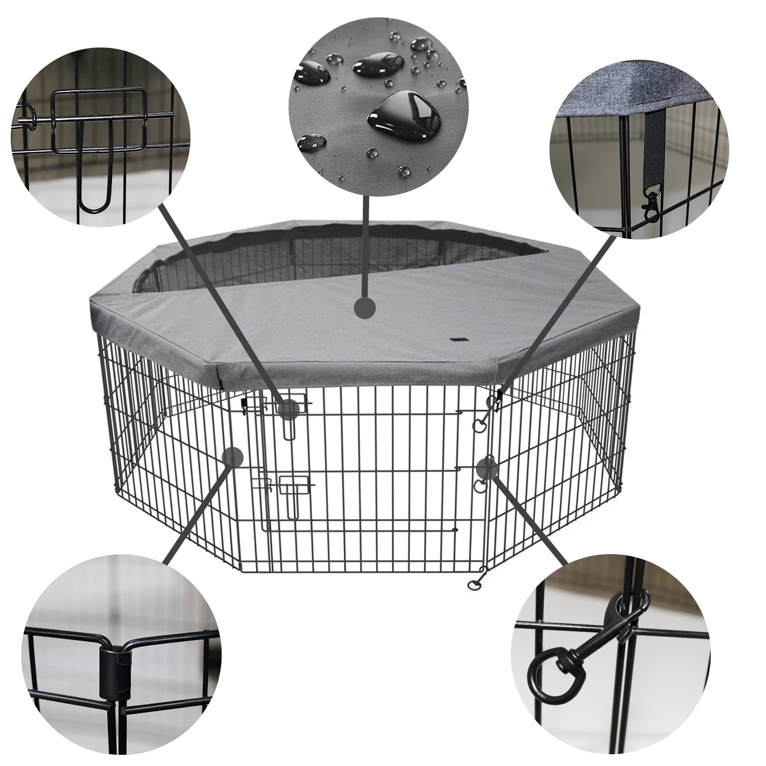 PETIME Foldable Metal Dog Exercise Pen, 8 Panel Playpen with Top Cover, 24" W x 36" H, Gray, Indoor/Outdoor Use