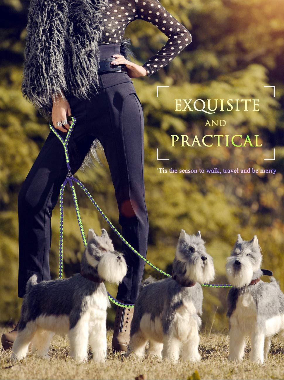 PETBABA 4.6ft No Tangle Dog Leash Coupler, Reflective Triple Lead for 3 Medium Large Dogs, Soft Padded Handle, Green