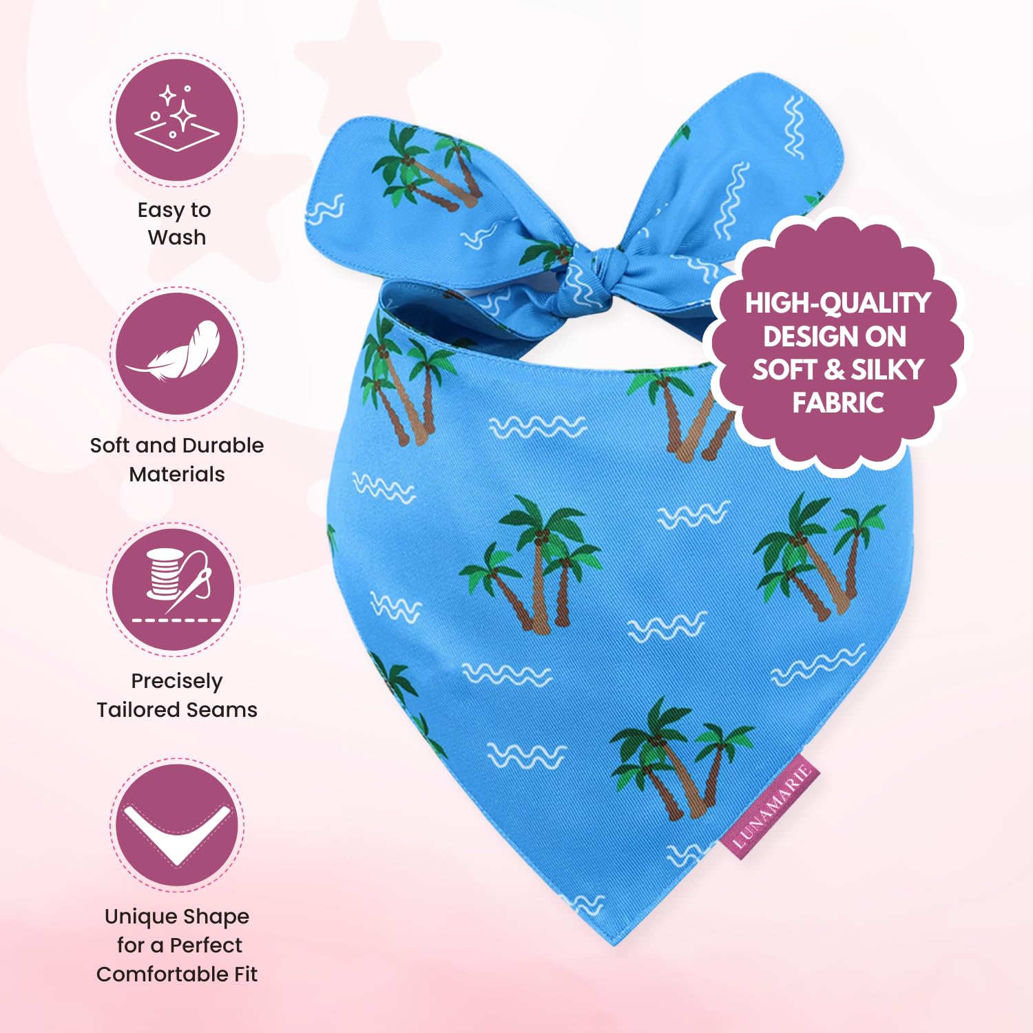 LunaMarie - Luxury Pet Birthday Bandanas -Premium & Silky Poly Fabric | 100% Handmade | Custom Shape Dual Layered (Playa Azul, L
