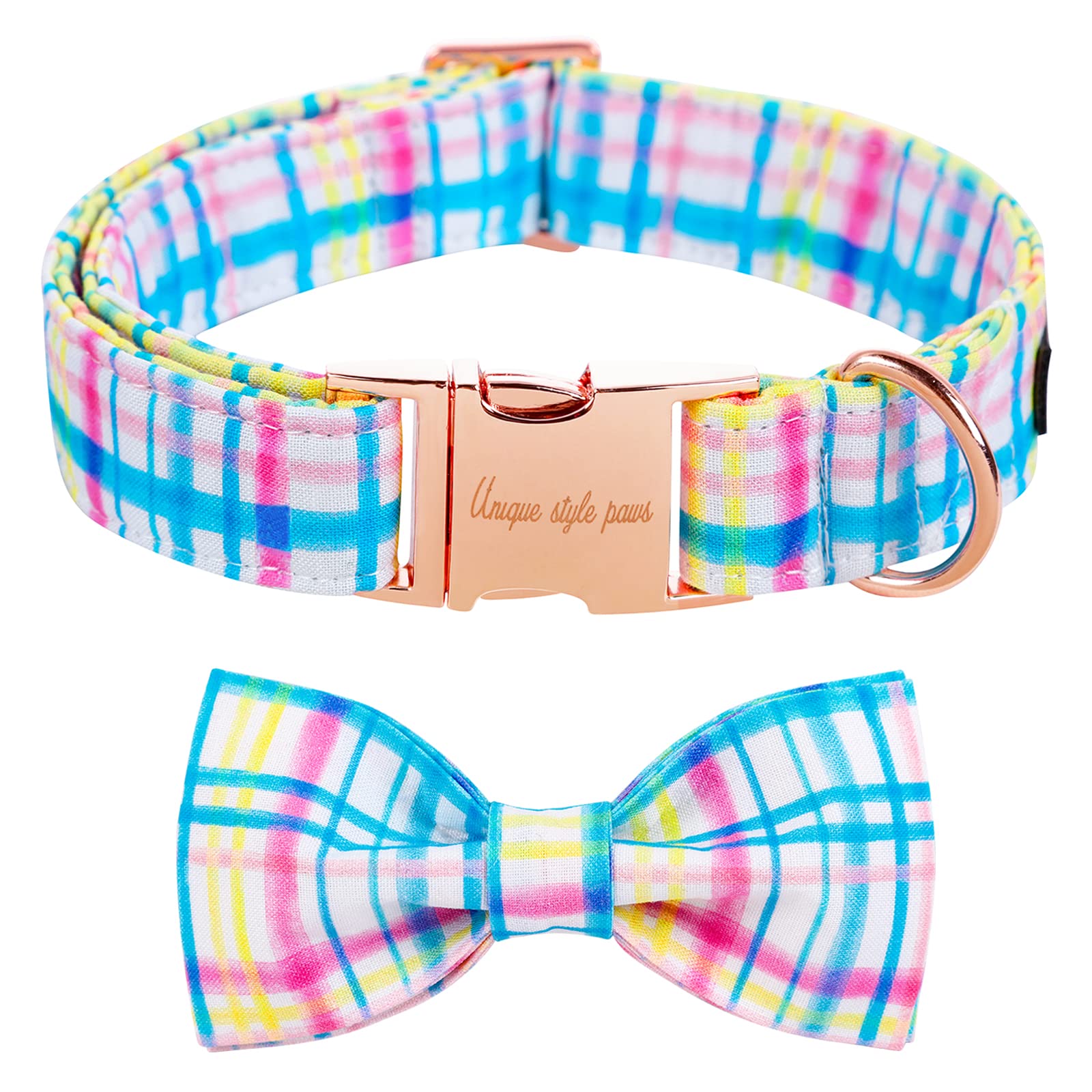 Unique Style Paws Easter Day Dog Collar With Bow Tie Blue Pink Grid Puppy Collar For Small Medium Large Boys Girls-Xl