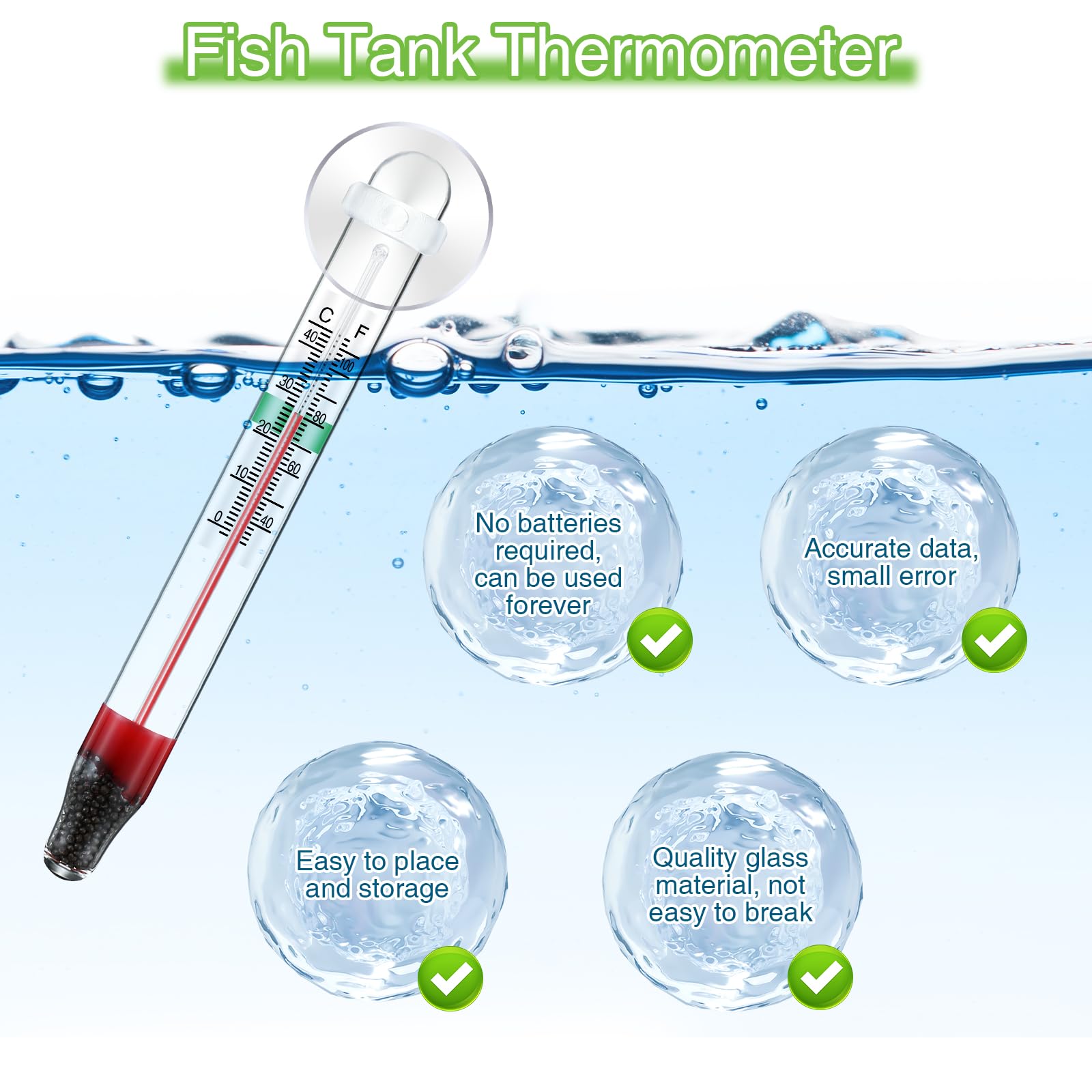 Dreyoo 4 Pcs Floating Aquarium Thermometers, Floating Glass Aquarium Thermometer with Suction Cup, Mercury Free Large Standing T