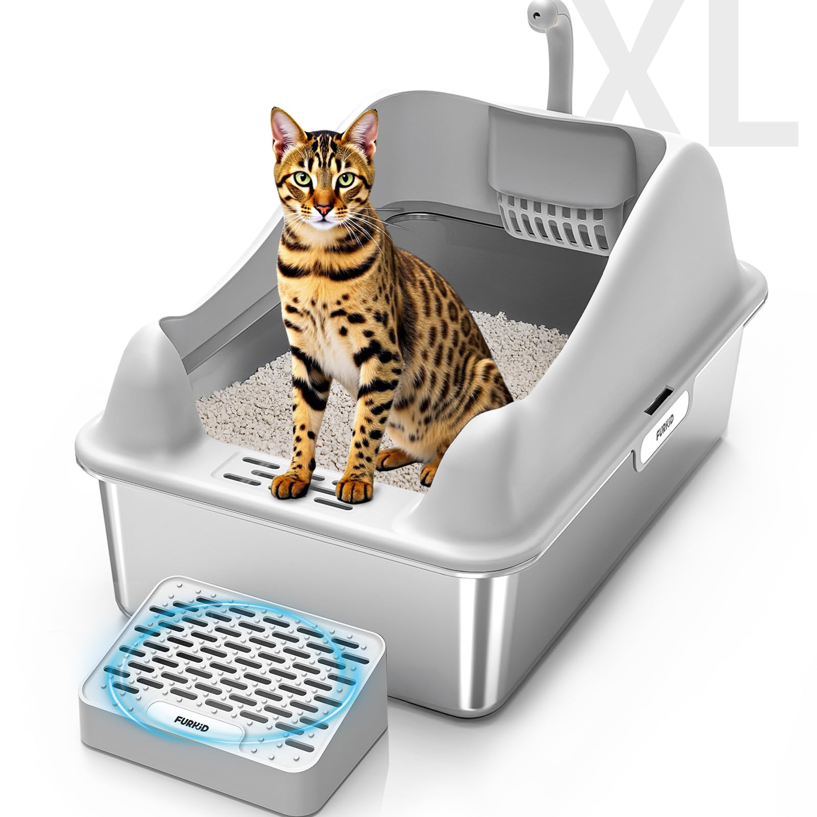 Furkid Stainless Steel Cat Litter Box With Lid, Xl Extra Large Litter Box For Big Cats, High Sided Kitty Metal Pan With Pedal Fi