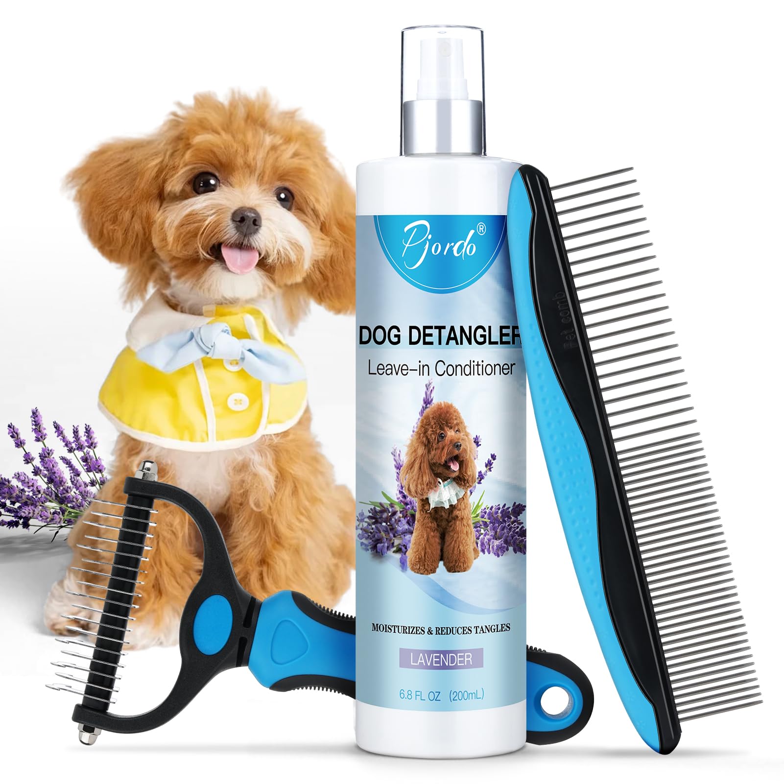 Pjordo Dog Detangler Spray, Natural Dog Leave In Conditioner Spray With Deshedding Brush And Metal Comb, For Grooming And Mat Re