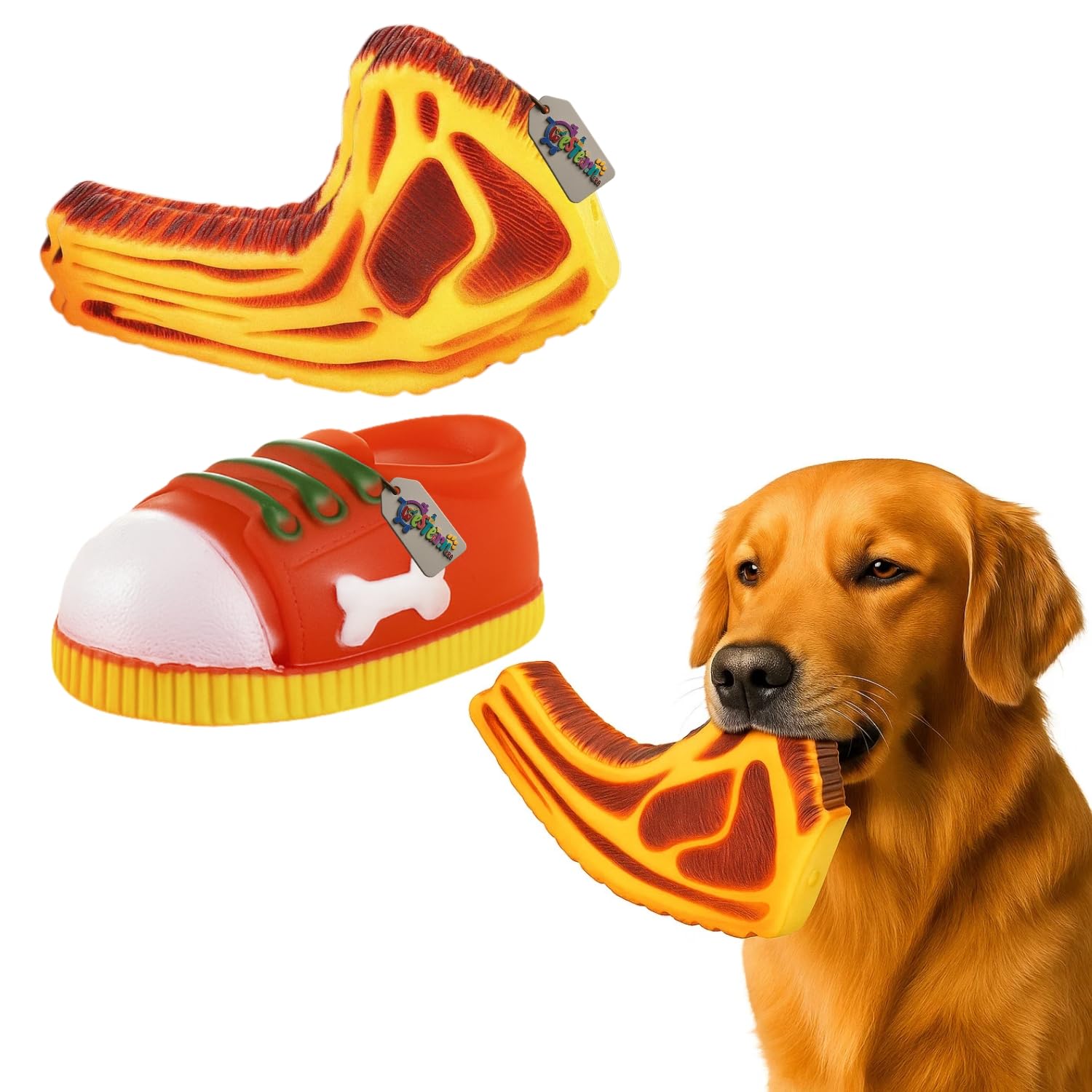 Western Era Combo Dog Squeaky Toy | Durable Rubber Chew Set | Cartoon Shoe Squeaky Toy & Meat Piece Squeaky Chew | Indoor & Outd