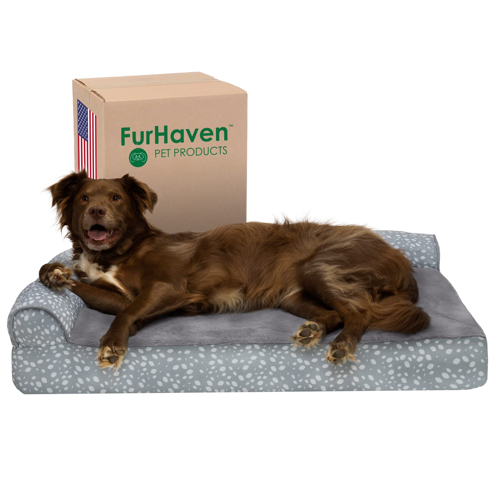 Furhaven Memory Foam Dog Bed For Large Dogs W/ Removable Bolsters & Washable Cover, For Dogs Up To 95 Lbs - Plush & Almond Print
