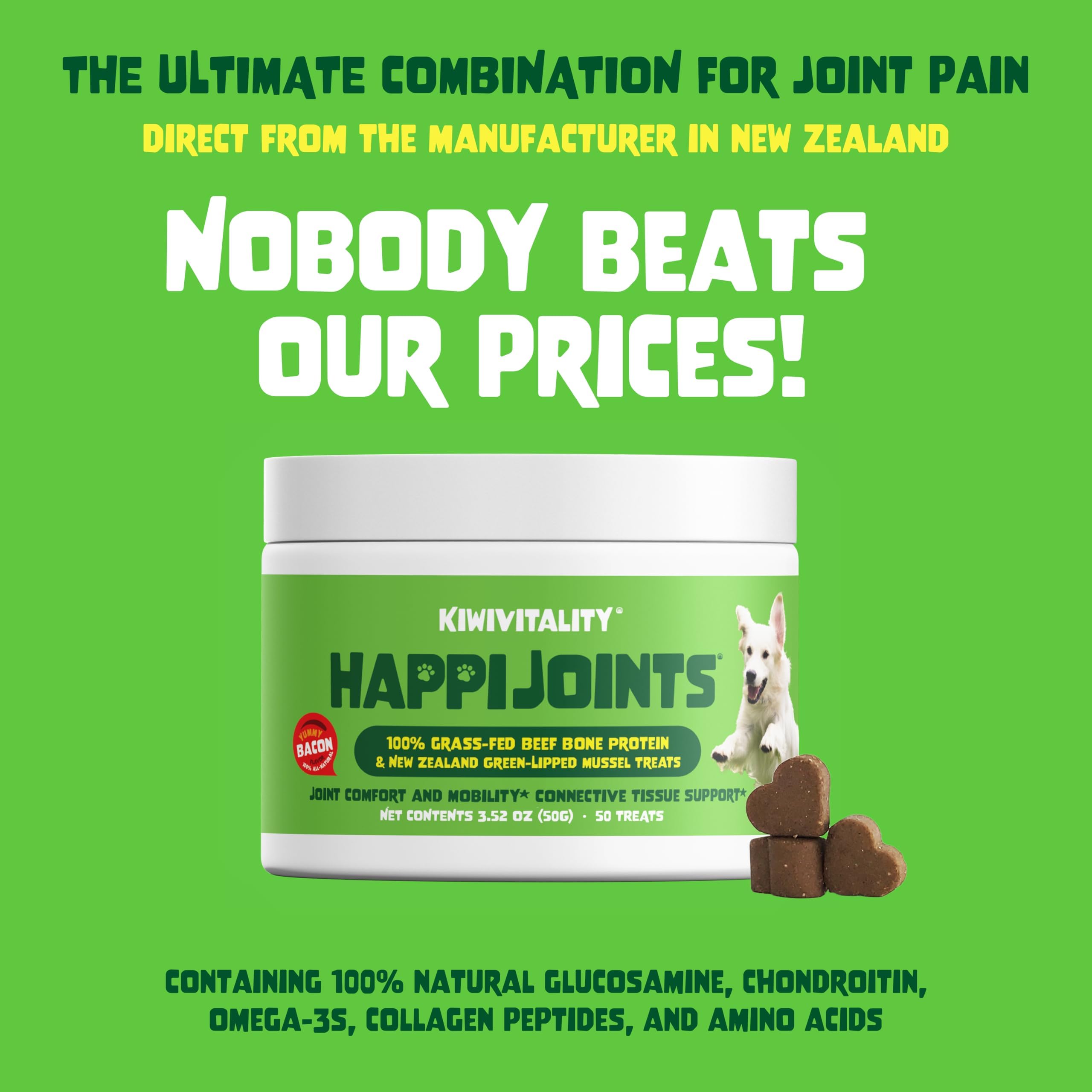 HappiJoints Hip and Joint Supplement Treats for Dogs, Cats  100% Grass-Fed Beef Bone Collagen New Zealand Green-Lipped Mussels