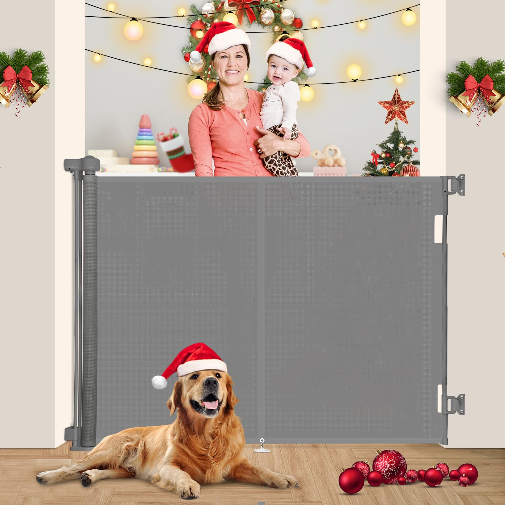 Miumoon Upgrade 59' Retractable Baby Gates With Reinforced Strip Design To Prevent Crawling Through, 48' Tall Retractable Gate For Baby And Pet, 5 Ft Baby Gates For Stairs, Doorways, Hallways(Gray)