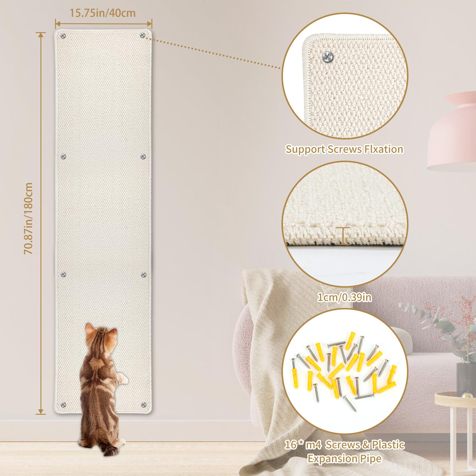71'' X 15.8'' Thickened Cat Wall Climbing Carpet, Extra Large Cat Wall Scratcher Mat Imitation Sisal Wall Mounted Cat Scratcher