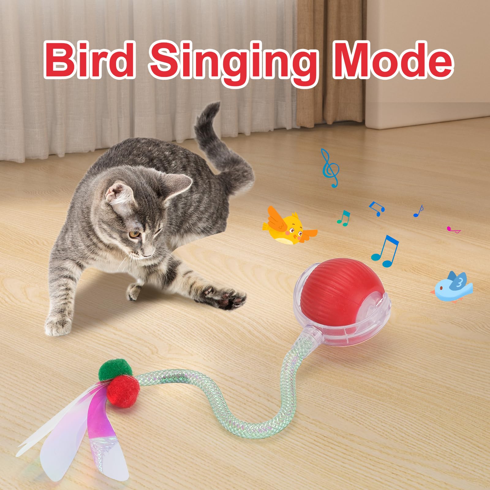 Interactive Cat Toy For Indoor Cats,Agile Automatic Moving Cat/Kitten Ball With Elastic Mesh Tail,Electric Toy Ball Chirping Bir