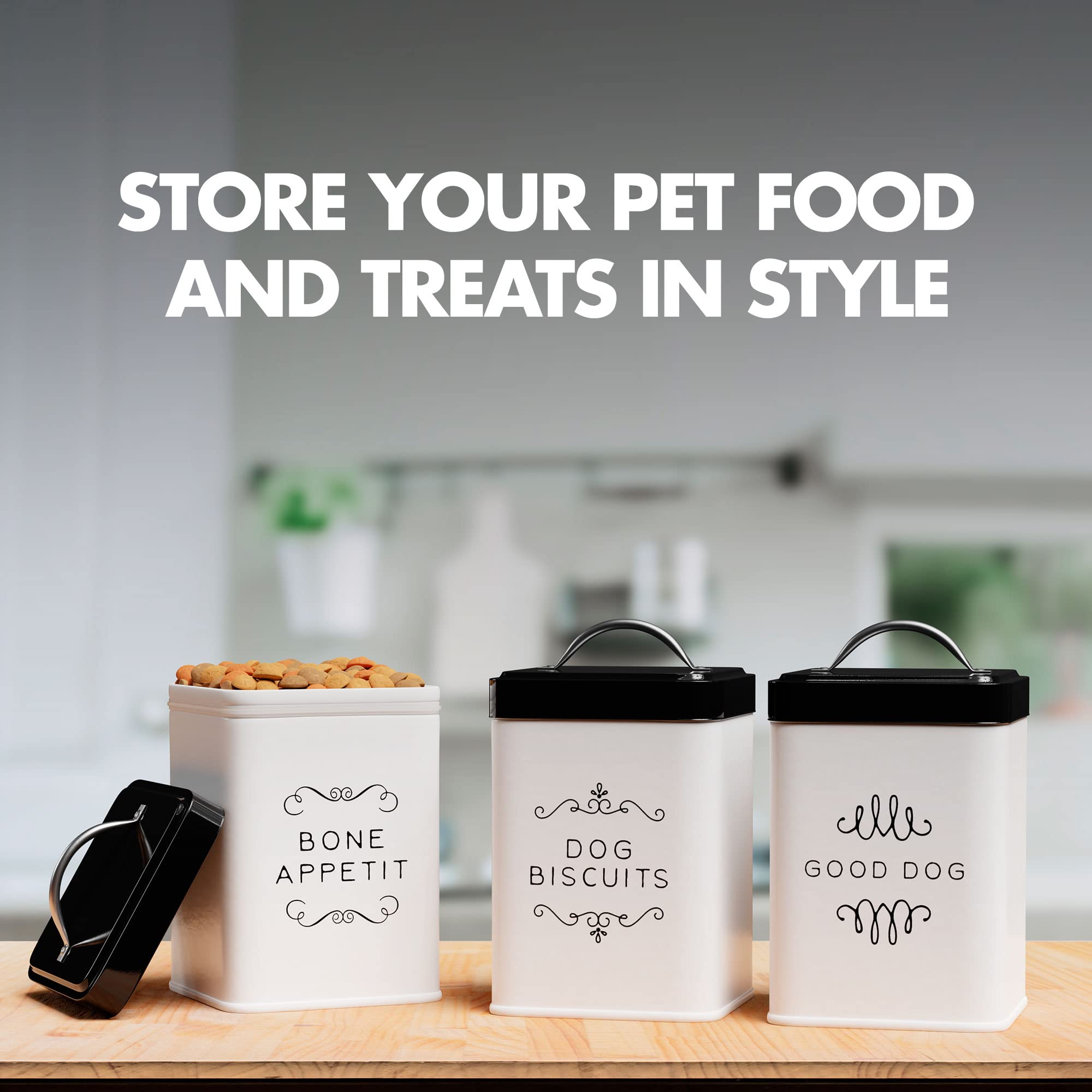 Amici Home Pet Treat Storage Collection, Metal Storage White Canister, 36 Fluid Ounce Capacity, Black Push Top Lid - Set of 3