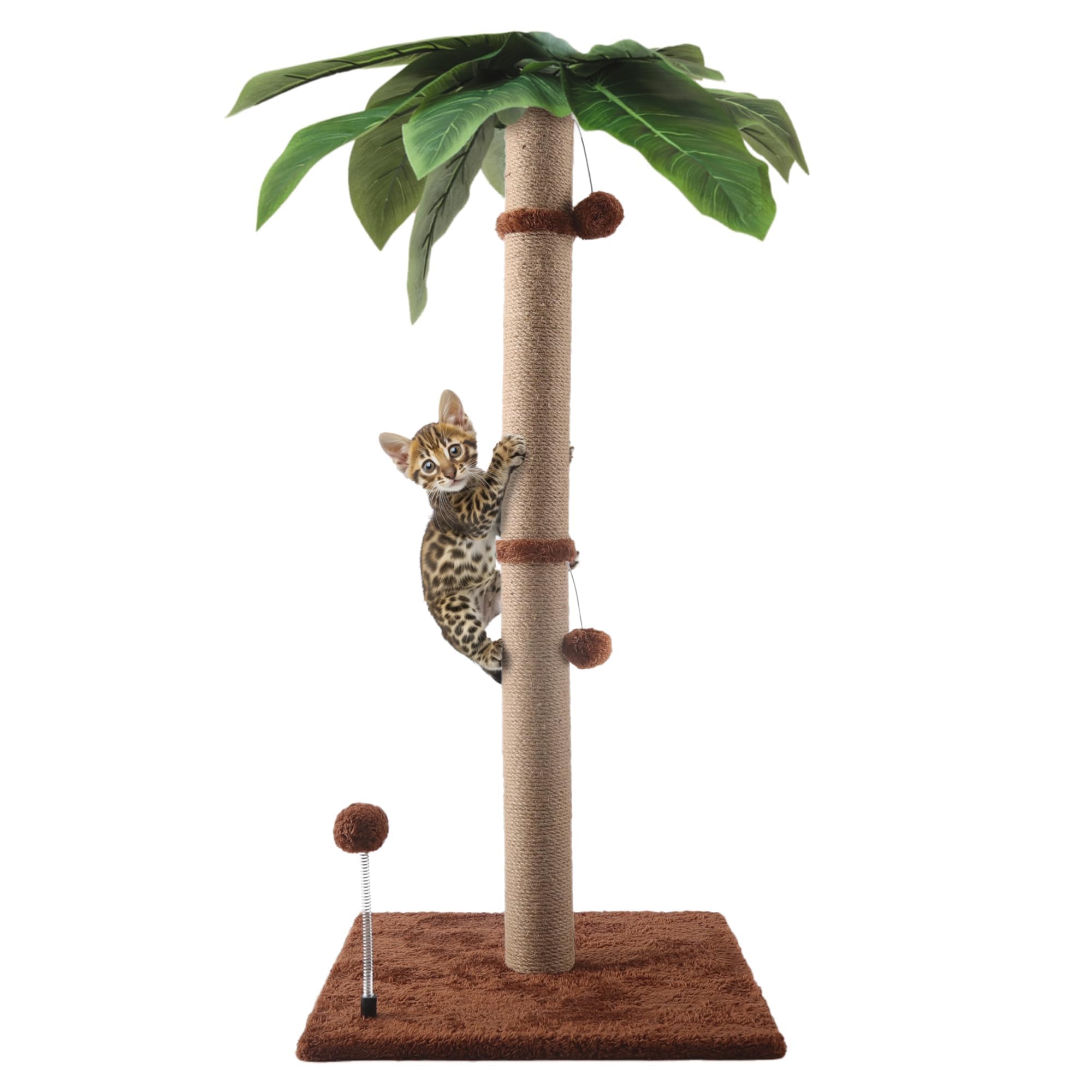 34'' Cat Scratching Post For Average Cats, Brown Palm Cat Tree, Cat Scratcher For Indoor Cats With Hanging Toy Balls For Large C