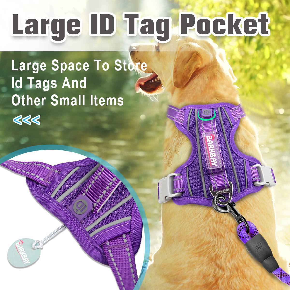 BARKBAY No Pull Dog Harness Front Clip Heavy Duty Reflective Easy Control Handle for Large Dog Walking with ID tag Pocket(Purple