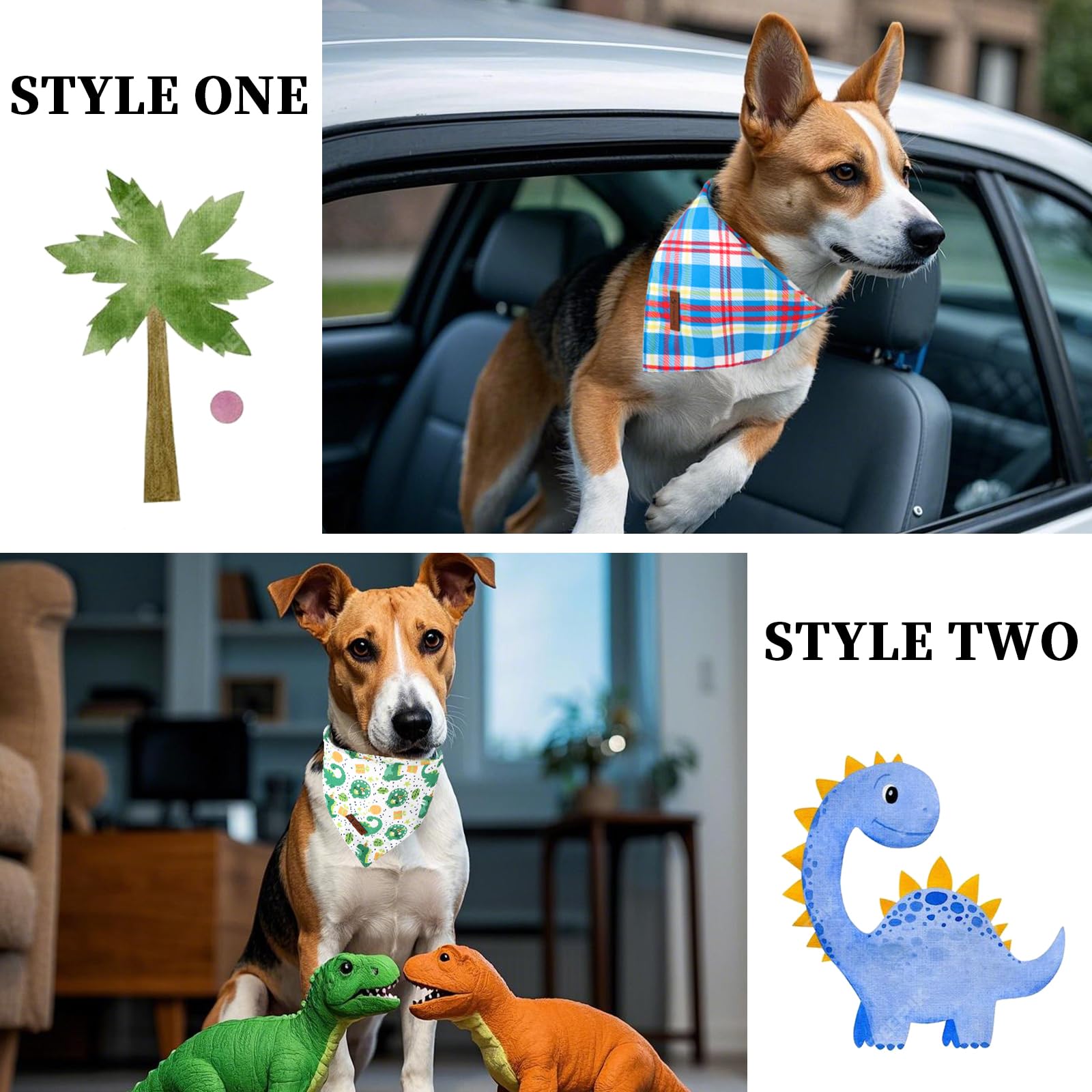 Dogwong Boy Dog Bandanas 2 Pack, Dinosaur Blue Plaid Print Triangle Reversible Rabbit Carrot Pet Scarf Durable Male Bandana For