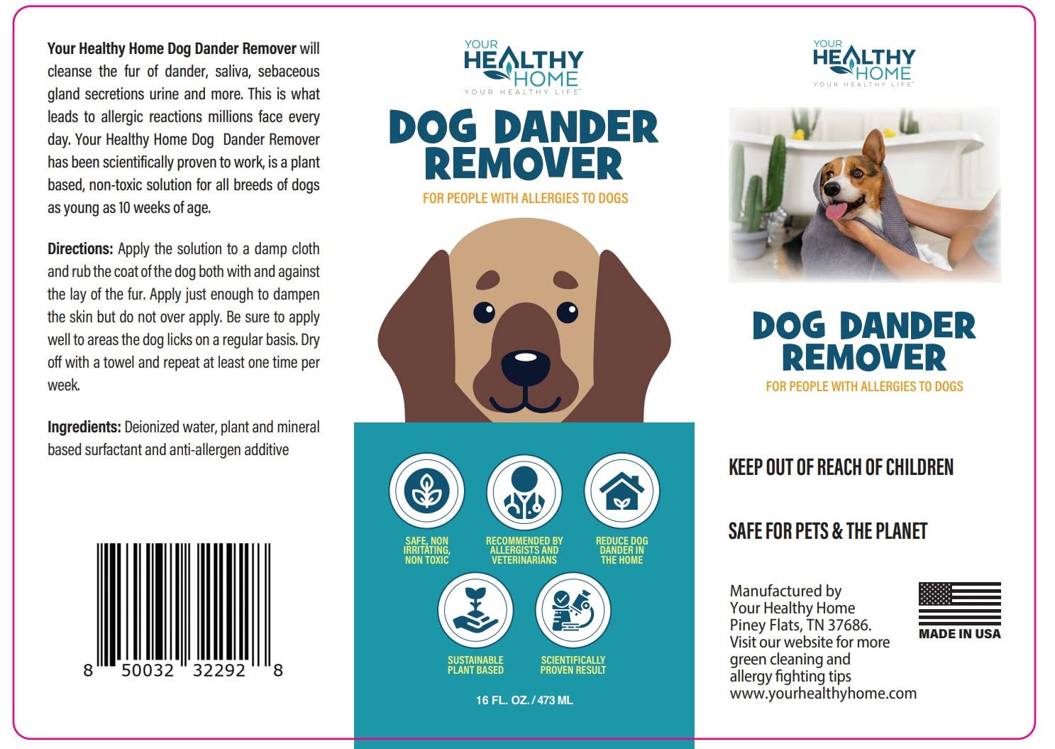 Yourhealthyhome Dog Dander Remover & Allergy Relief Spray|All Natural Effective Treatment For Dog Allergies| Aloe Vera Free, Cruelty Free & Made In Usa (16Oz)